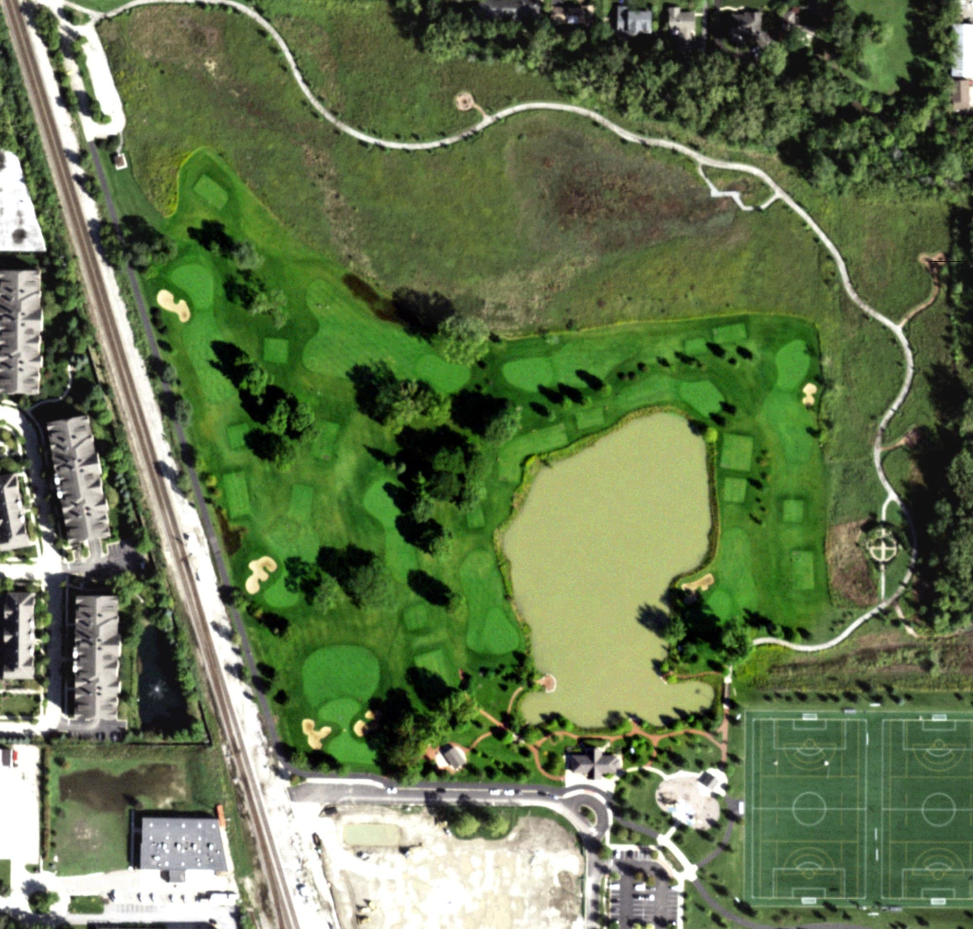 Aerial view of Anetsberger Golf Course, IL, with its hole routing marked
