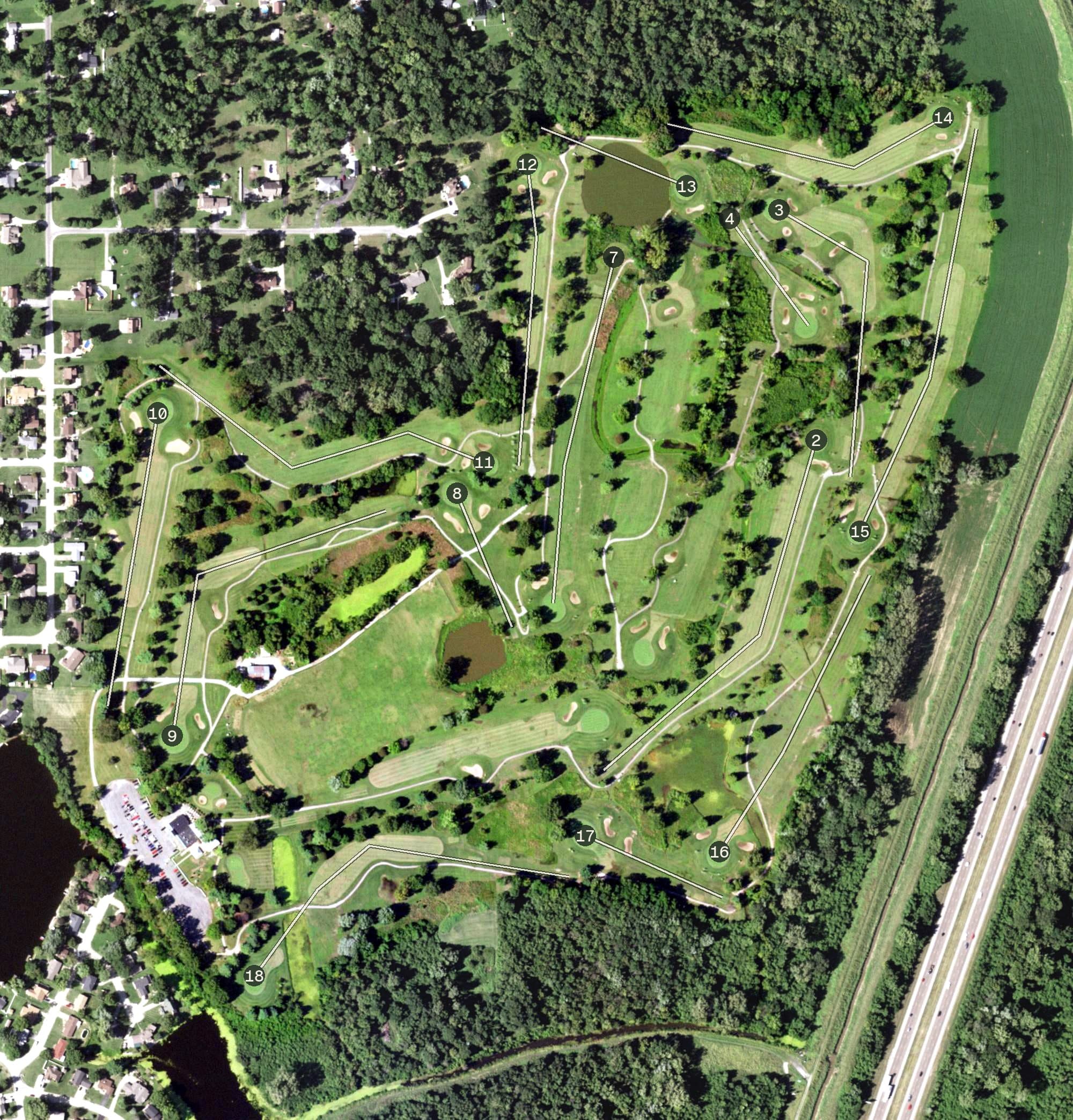 Aerial view of Arlington Greens Golf Course, IL, with its hole routing marked