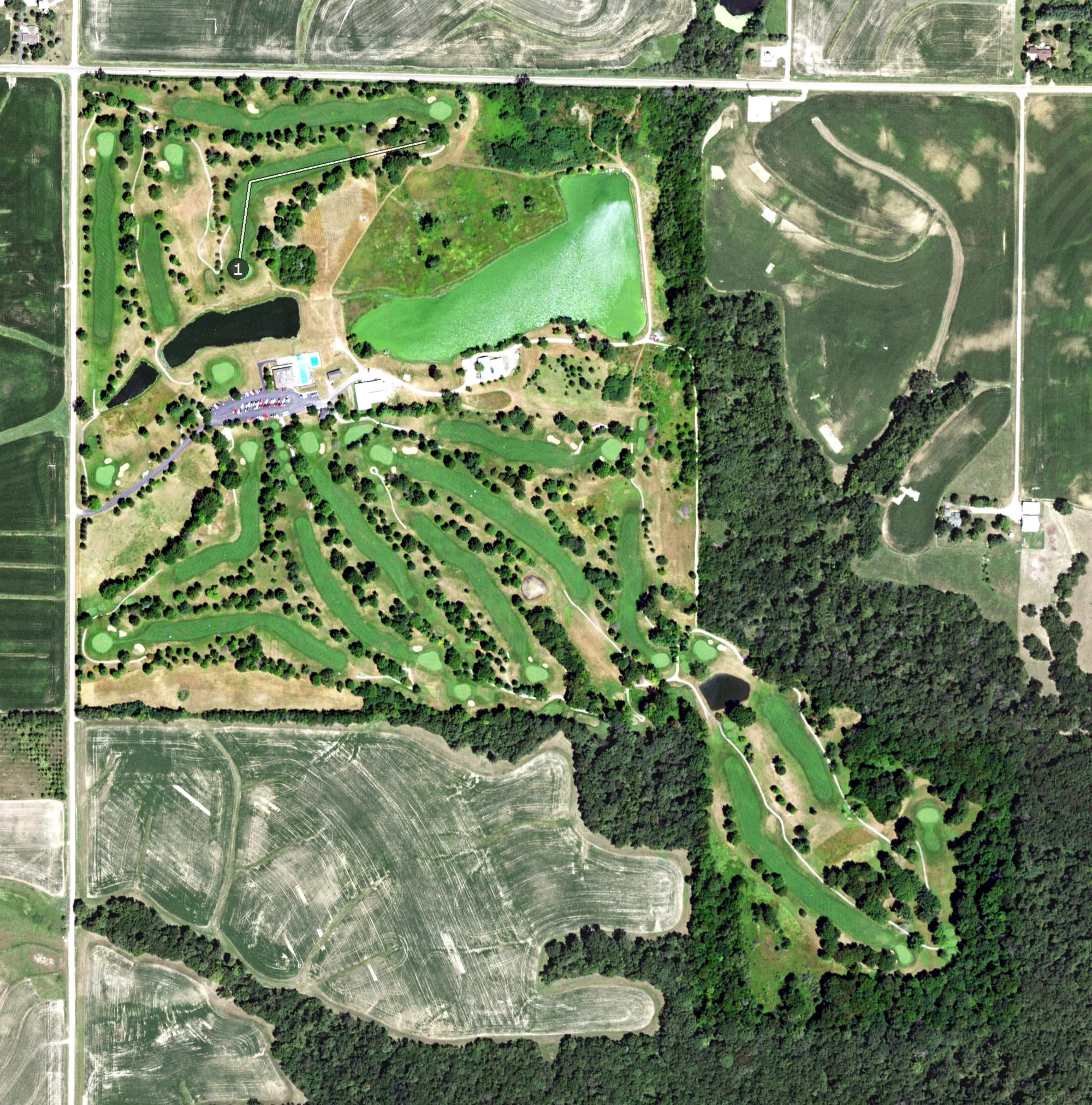 Aerial view of Arrowhead Country Club, IL, with its hole routing marked