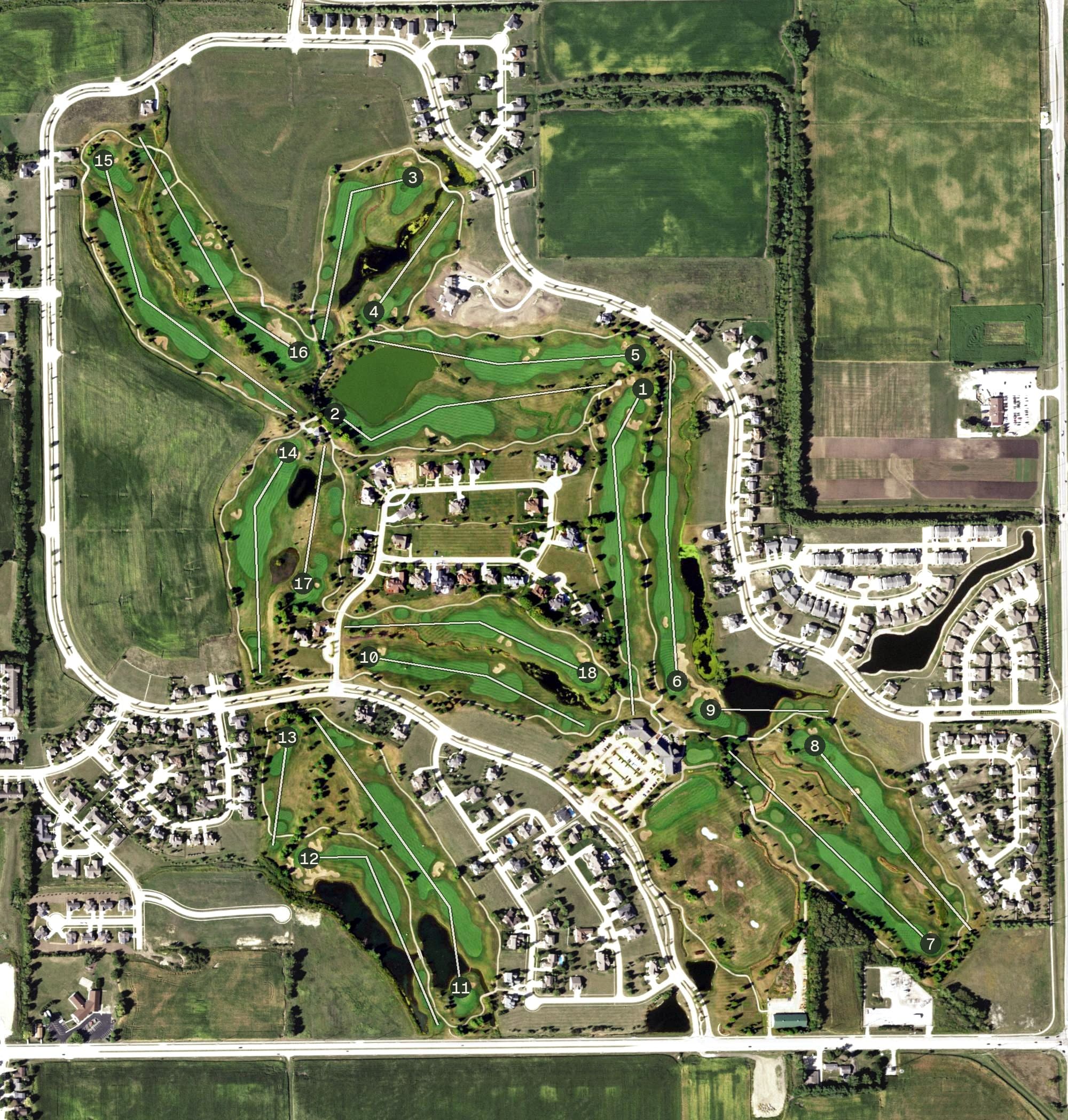 Aerial view of Atkins Golf Club at the University of Illinois, IL, with its hole routing marked