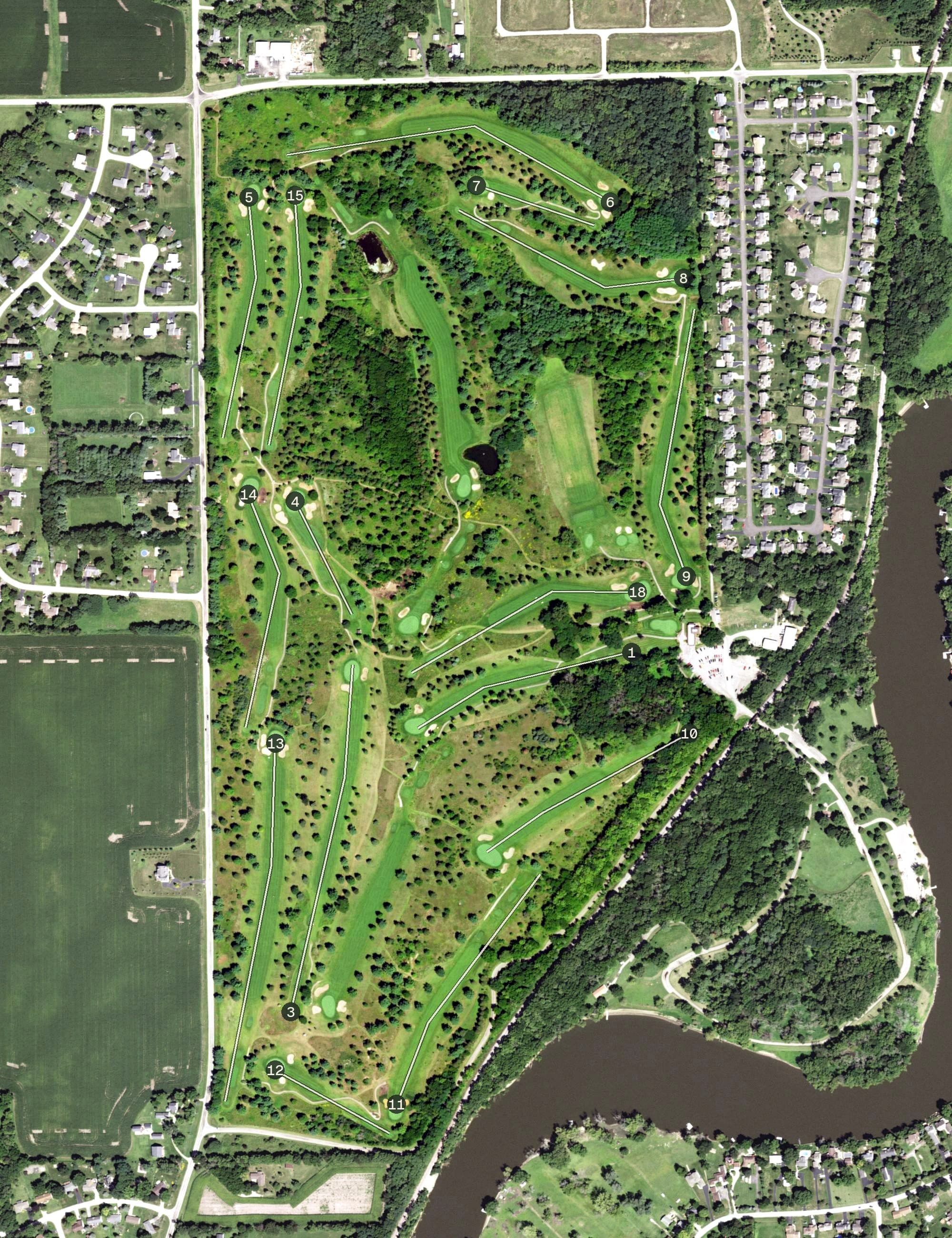 Aerial view of Atwood Homestead, IL, with its hole routing marked