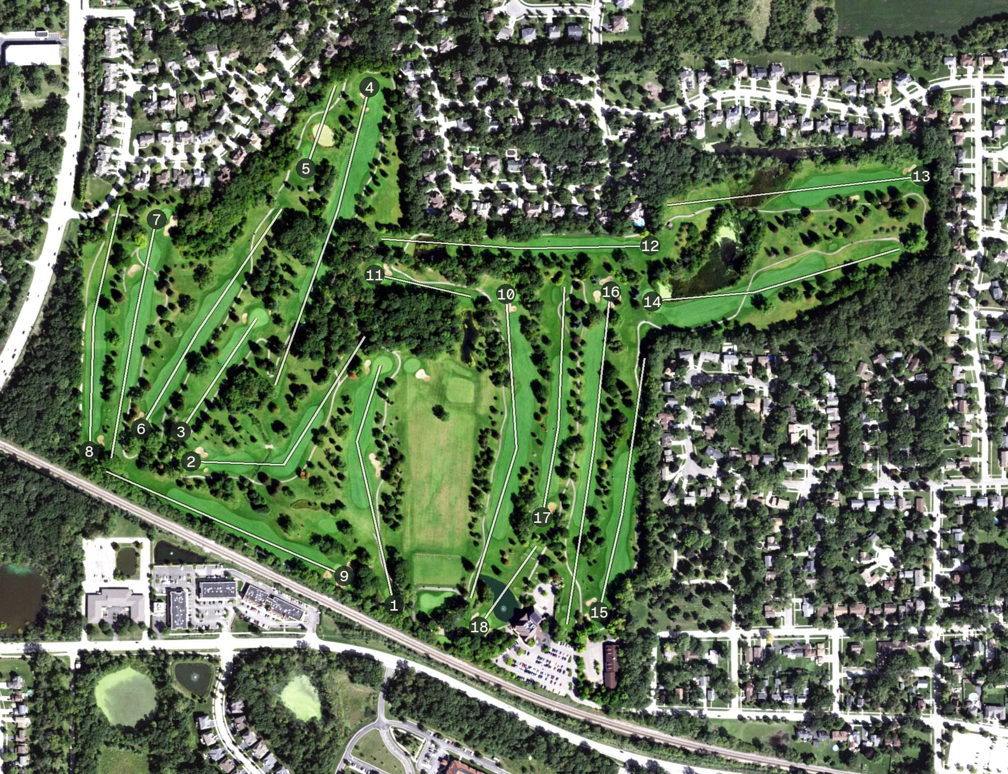 Aerial view of Barlett Hills Golf Club, IL, with its hole routing marked