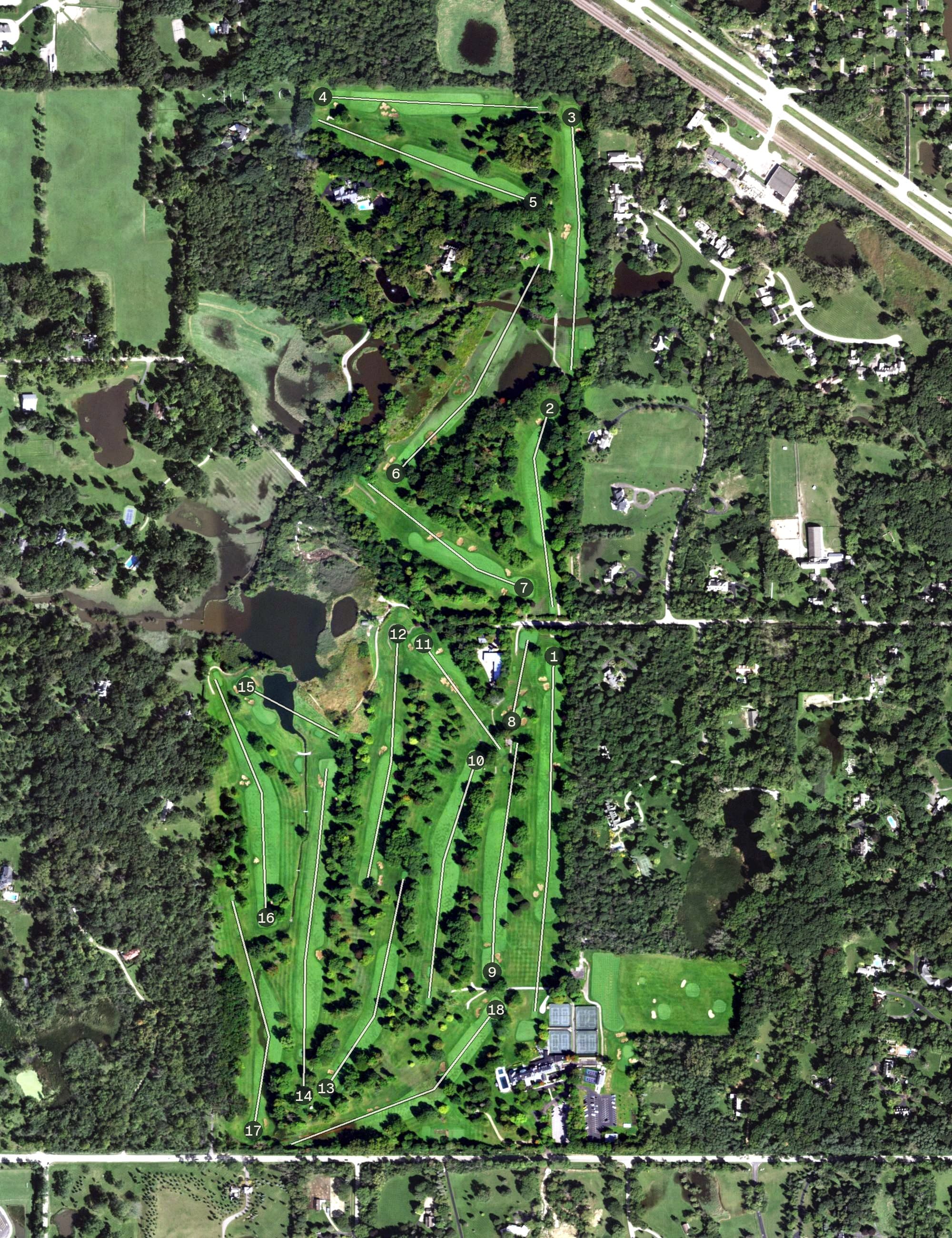 Aerial view of Barrington Hills Country Club, IL, with its hole routing marked