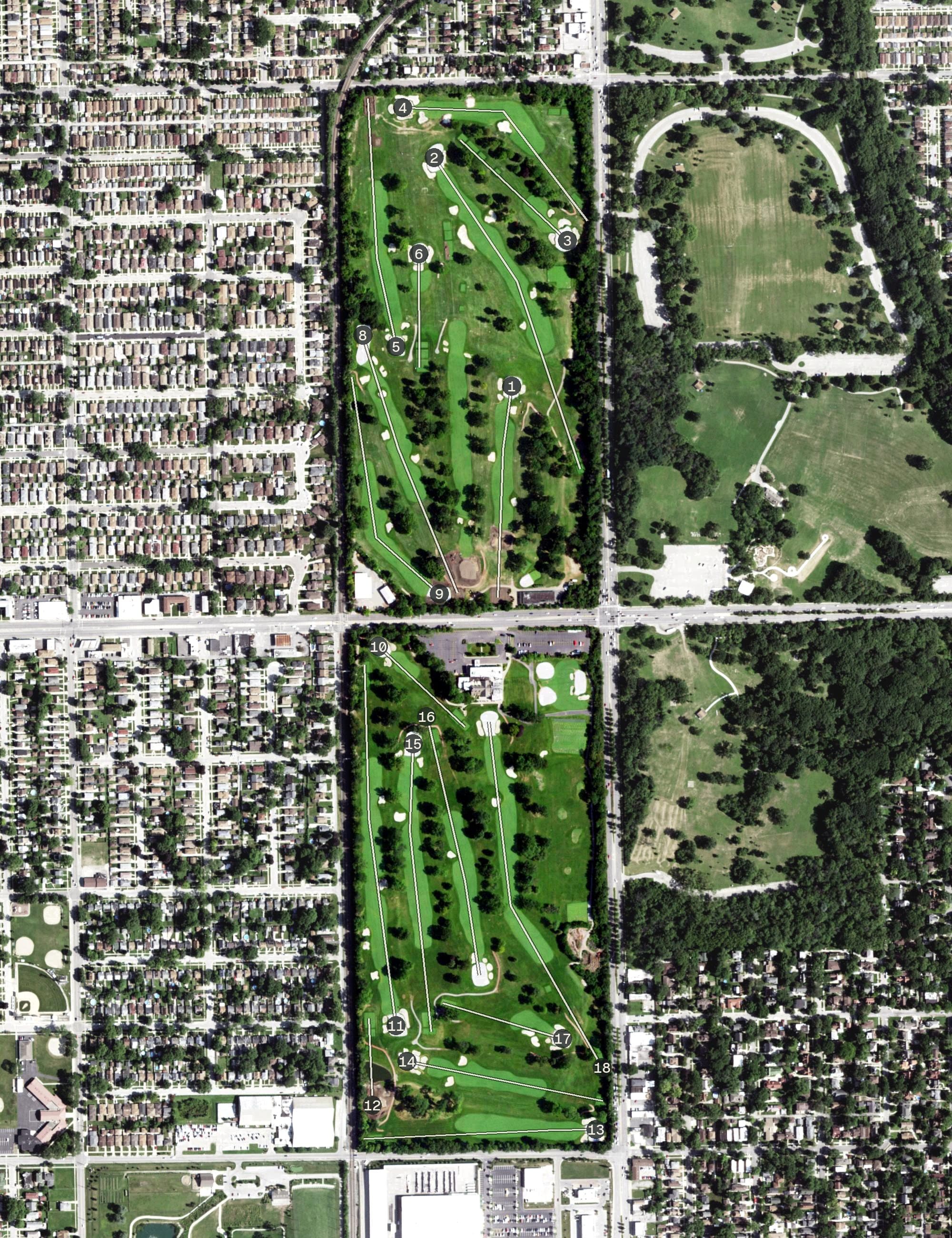 Aerial view of Beverly Country Club, IL, with its hole routing marked