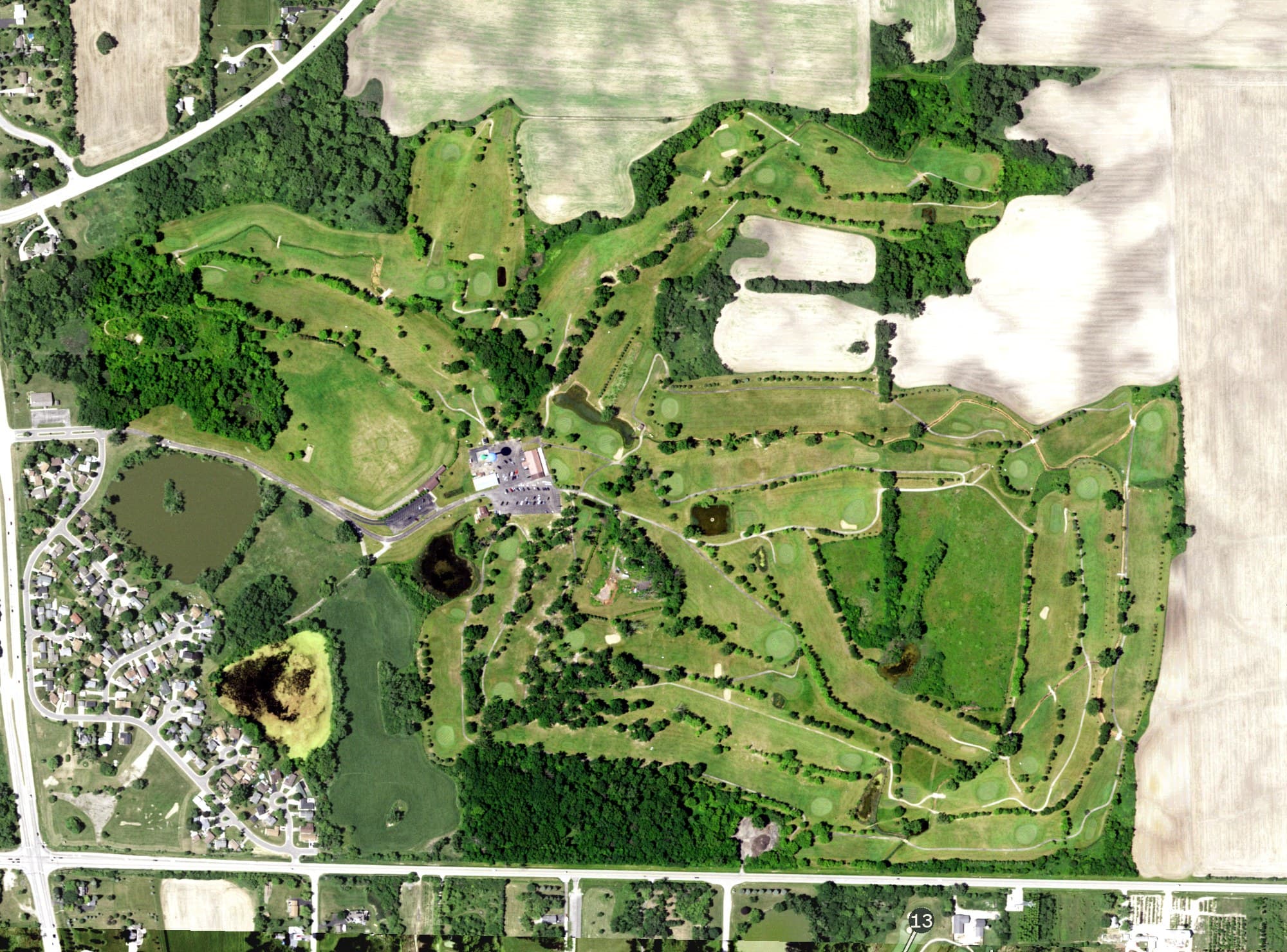 Aerial view of Big Oaks Golf Course, IL, with its hole routing marked