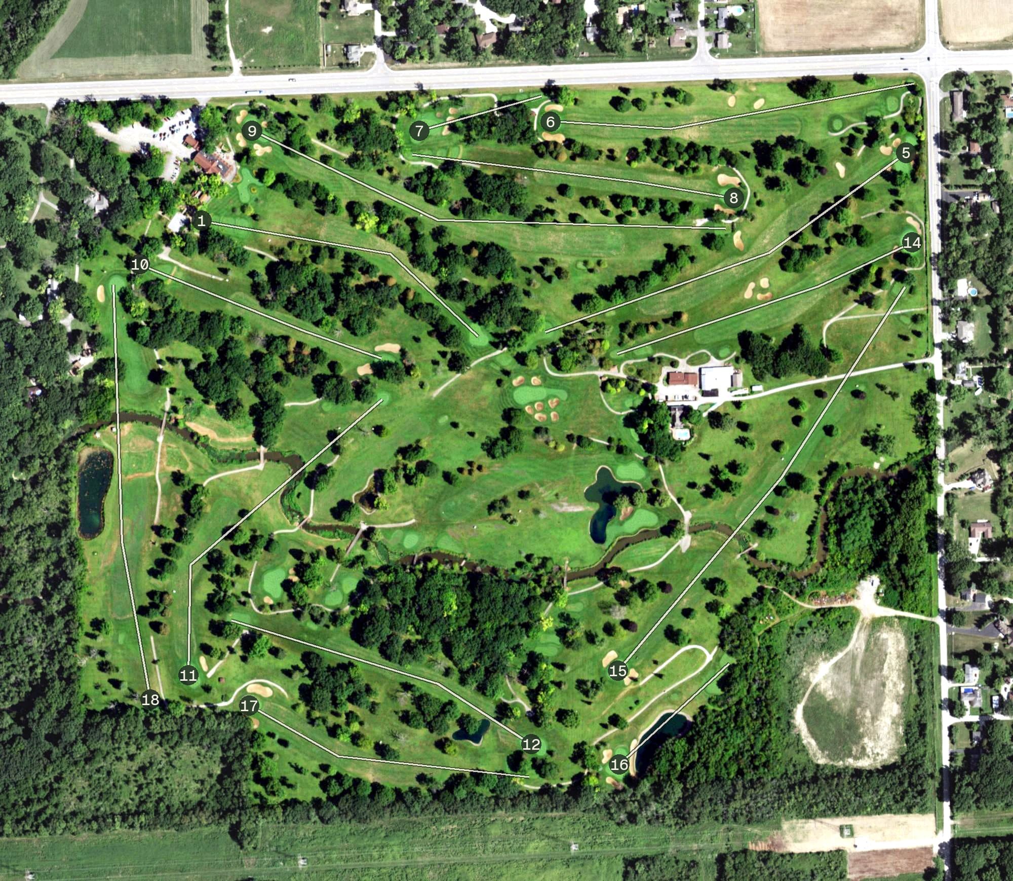 Aerial view of Big Run Golf Club, IL, with its hole routing marked