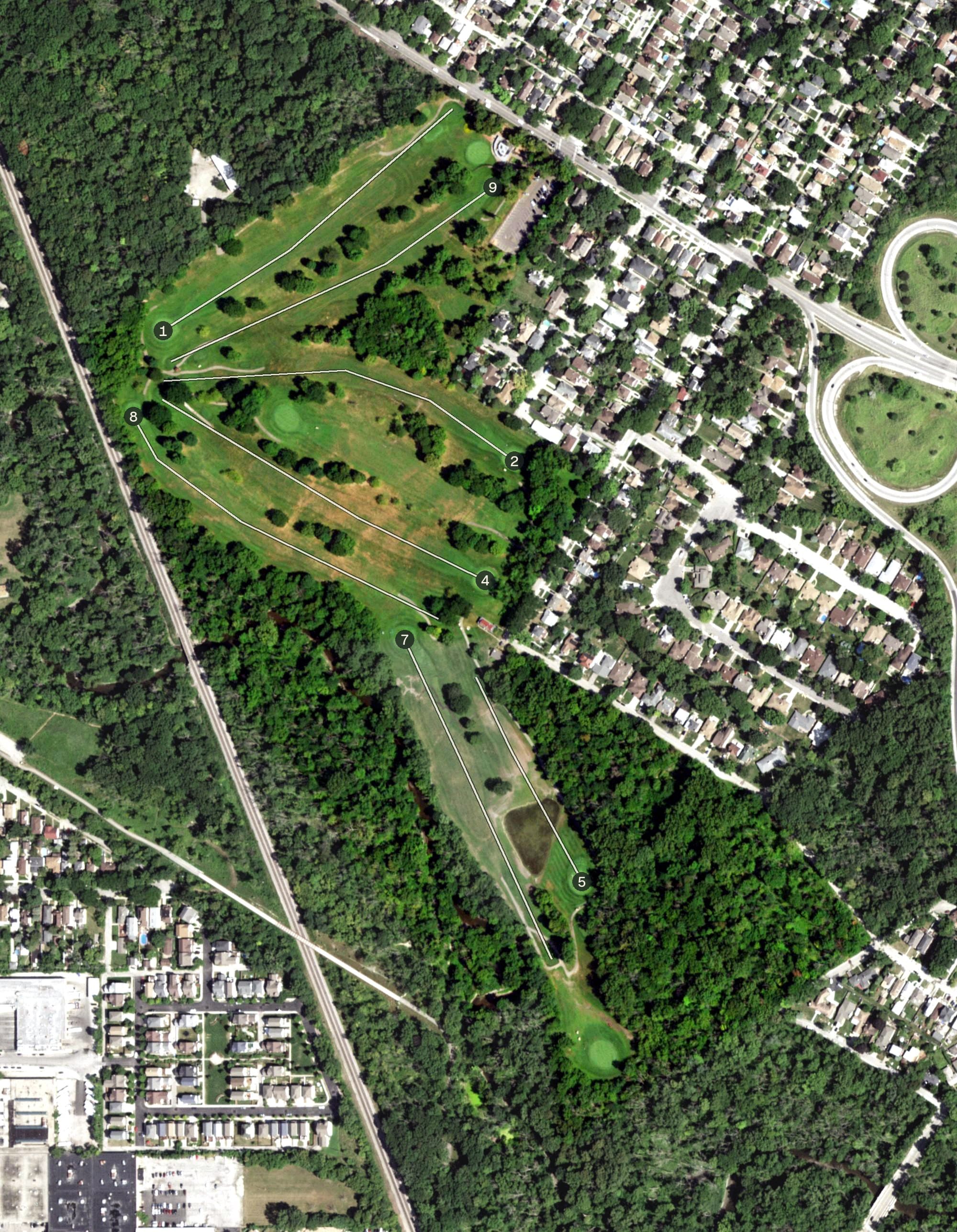 Aerial view of Billy Caldwell Golf Course, IL, with its hole routing marked
