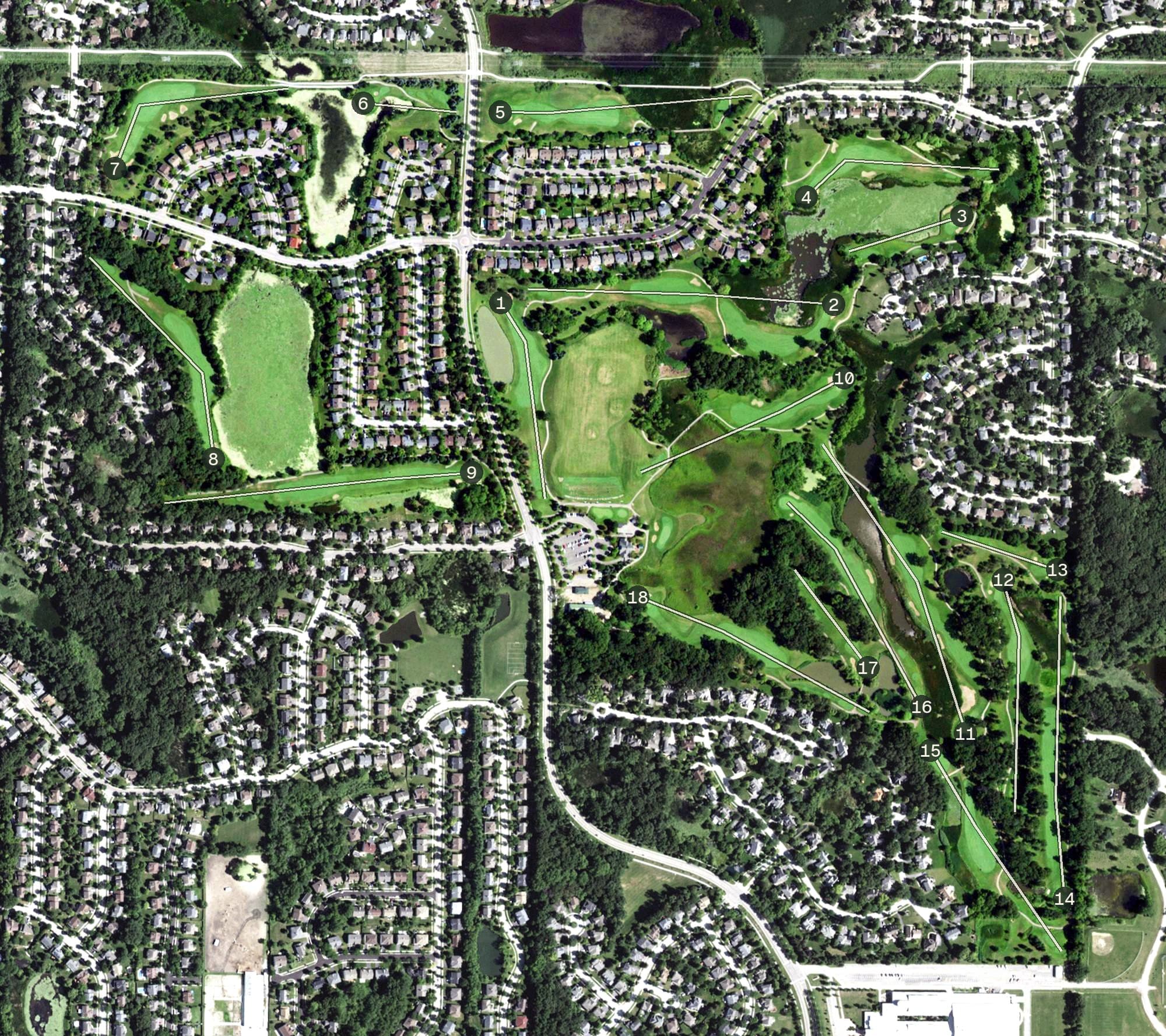 Aerial view of Bittersweet Golf Club, IL, with its hole routing marked