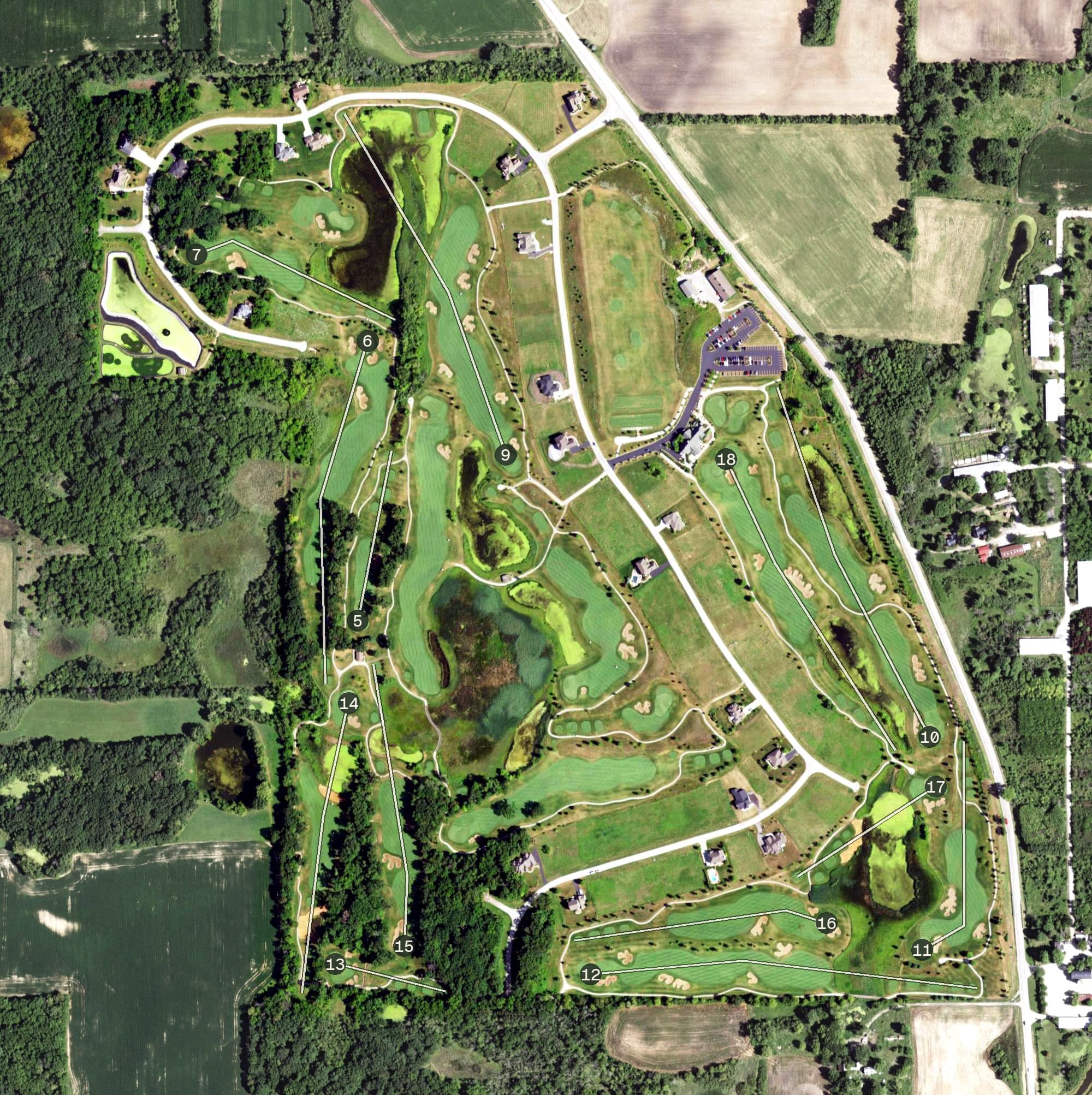Aerial view of Blackstone Golf Club, IL, with its hole routing marked