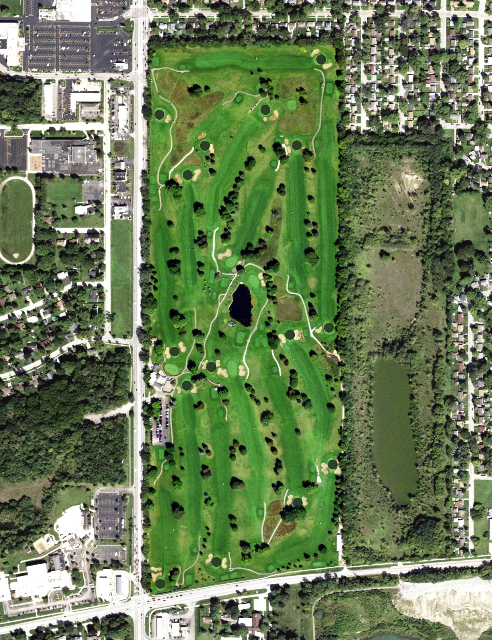 Aerial view of Bonnie Dundee Golf Club, IL, with its hole routing marked