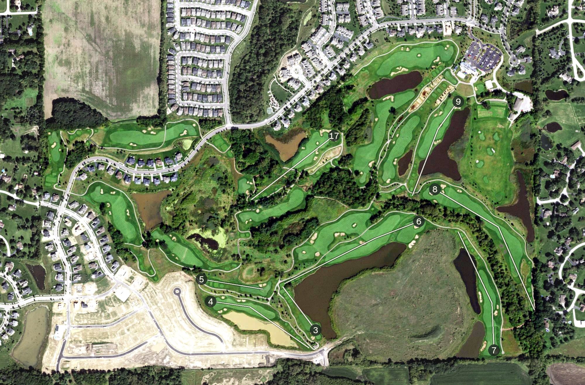 Aerial view of Bowes Creek Country Club, IL, with its hole routing marked