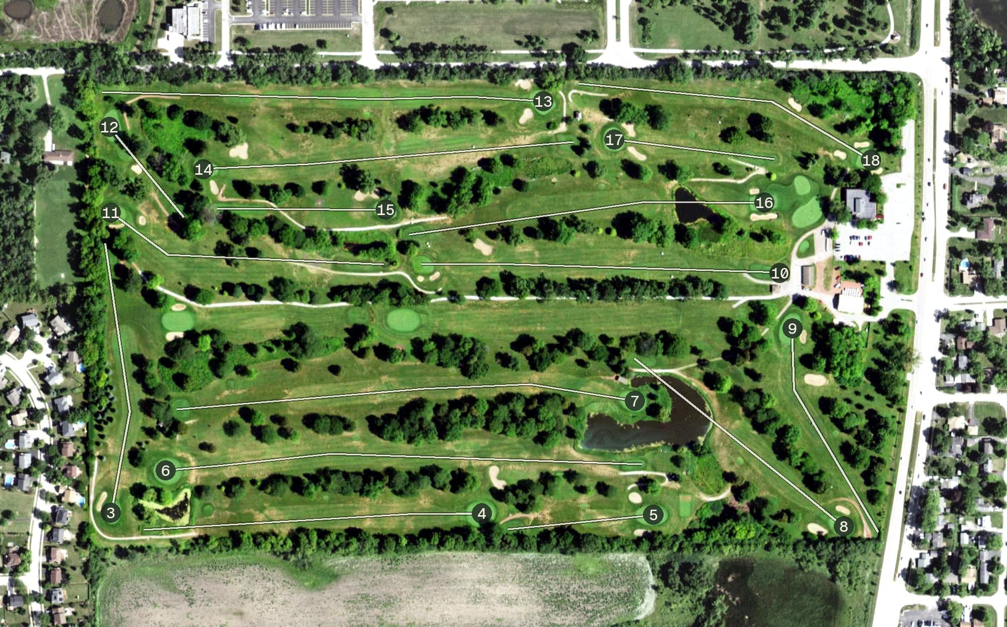 Aerial view of Brae Loch Golf Course, IL, with its hole routing marked