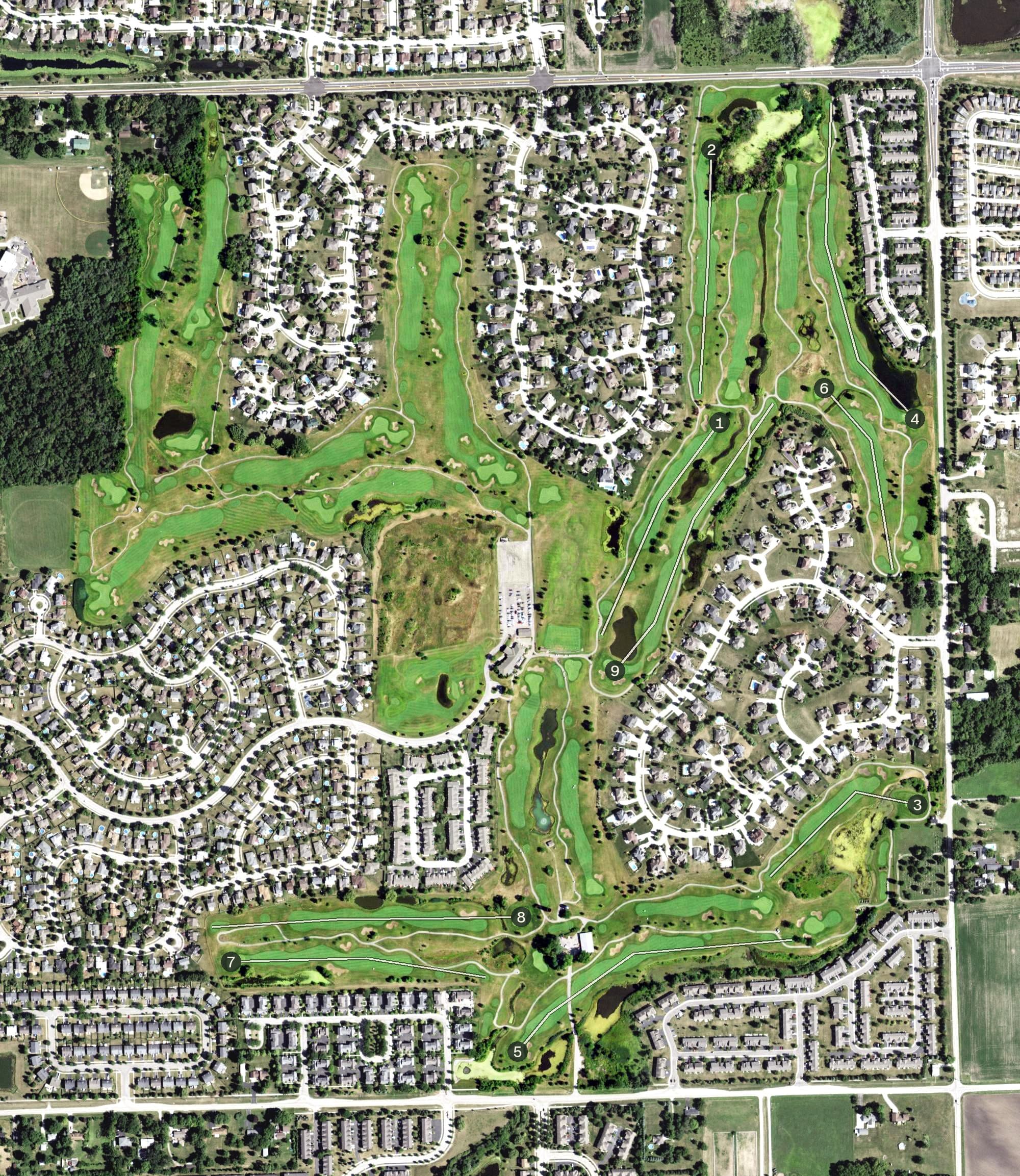 Aerial view of Broken Arrow Golf Club, IL, with its hole routing marked