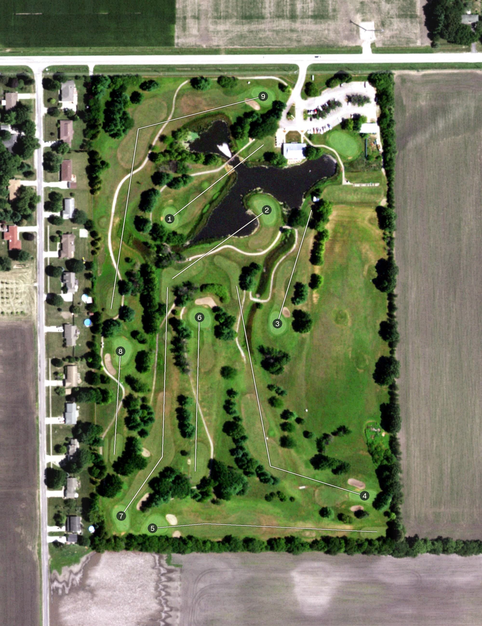 Aerial view of Brookhills Golf Club, IL, with its hole routing marked