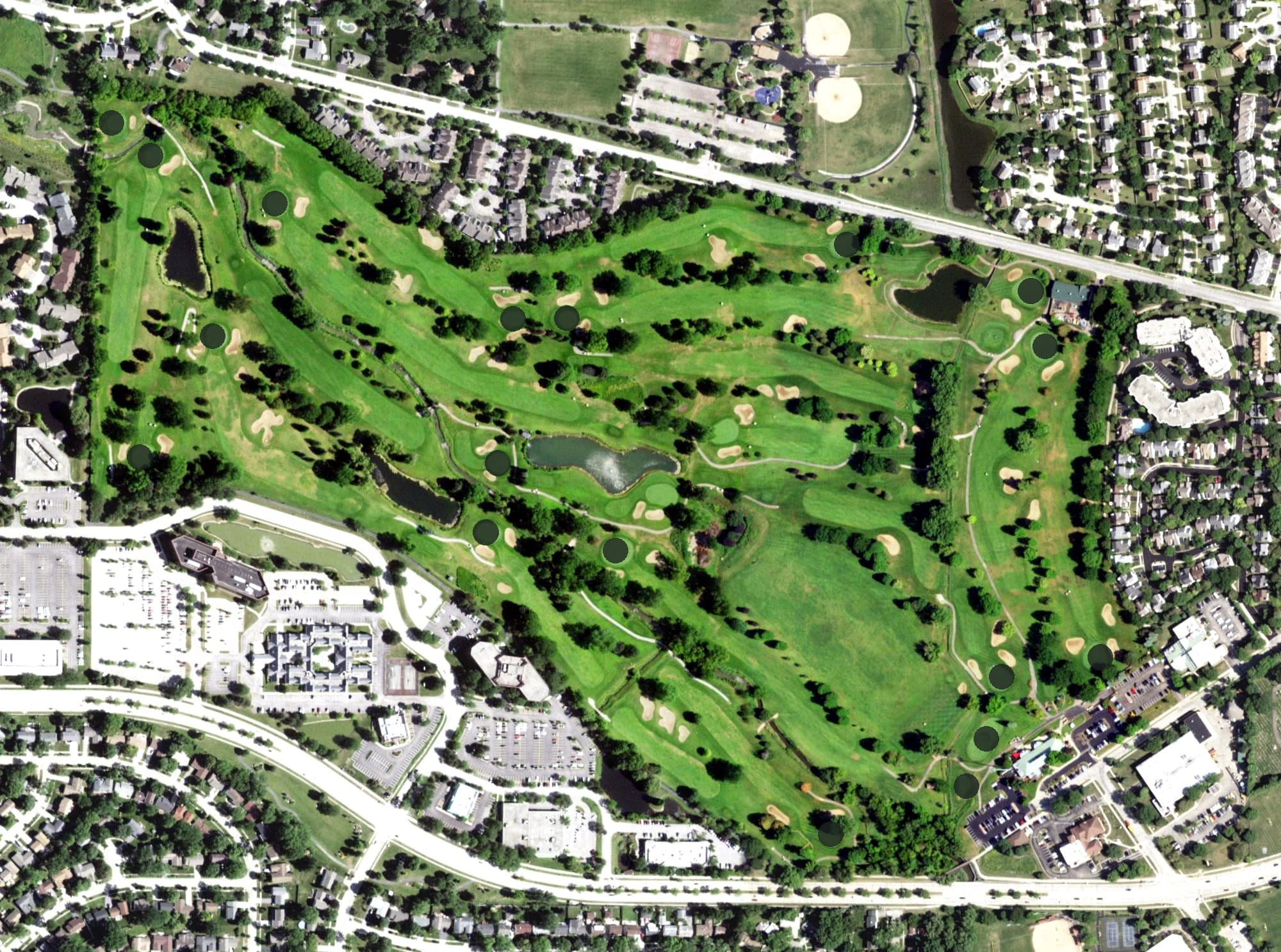 Aerial view of Buffalo Grove Golf Club, IL, with its hole routing marked