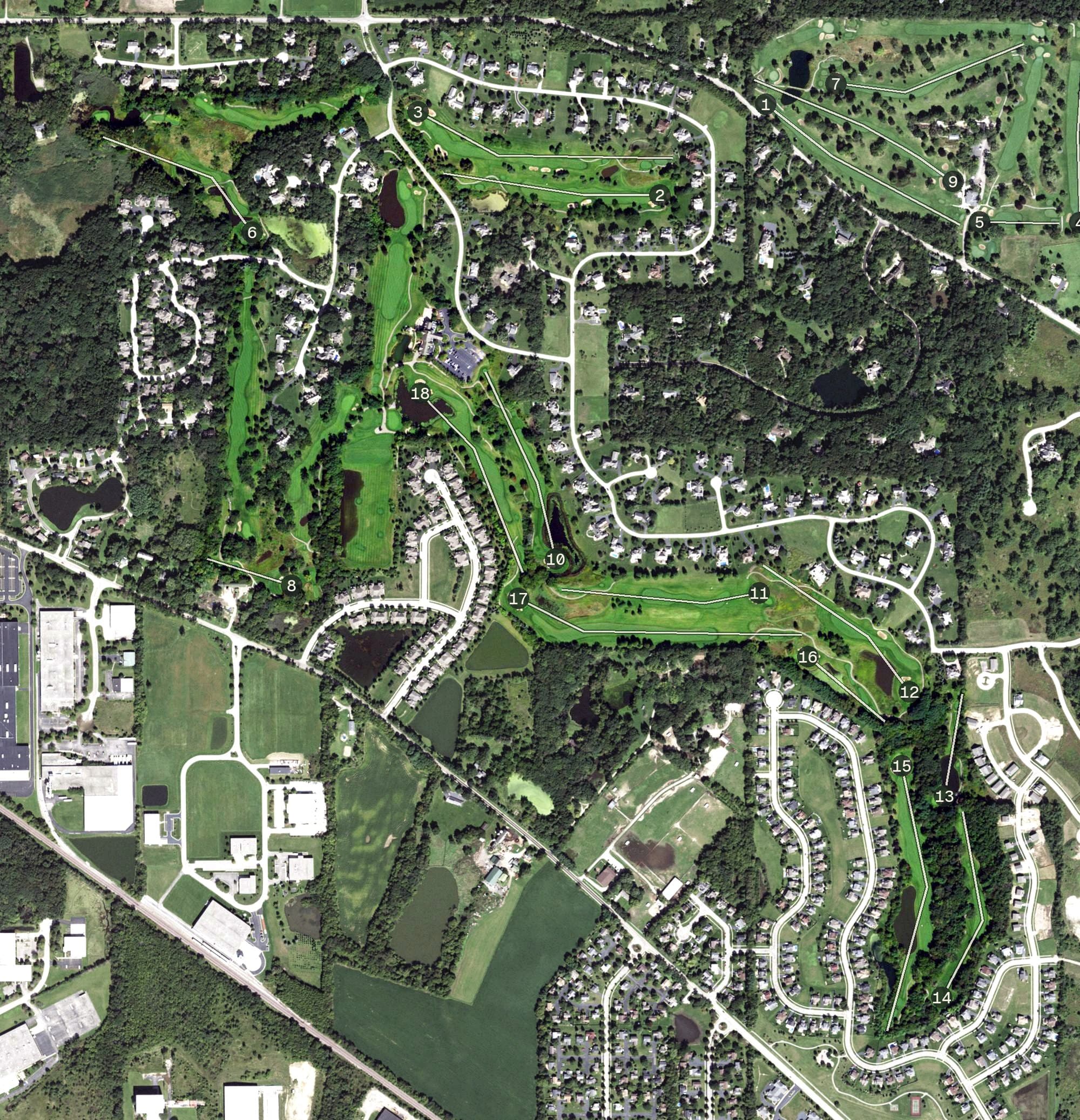 Aerial view of Bull Valley Golf Club, IL, with its hole routing marked