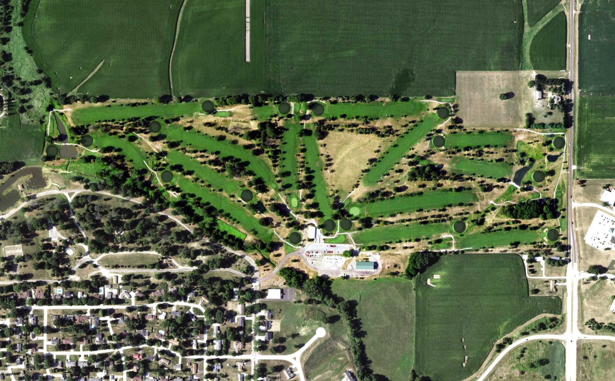 Aerial view of Bunker Links Golf Course, IL, with its hole routing marked