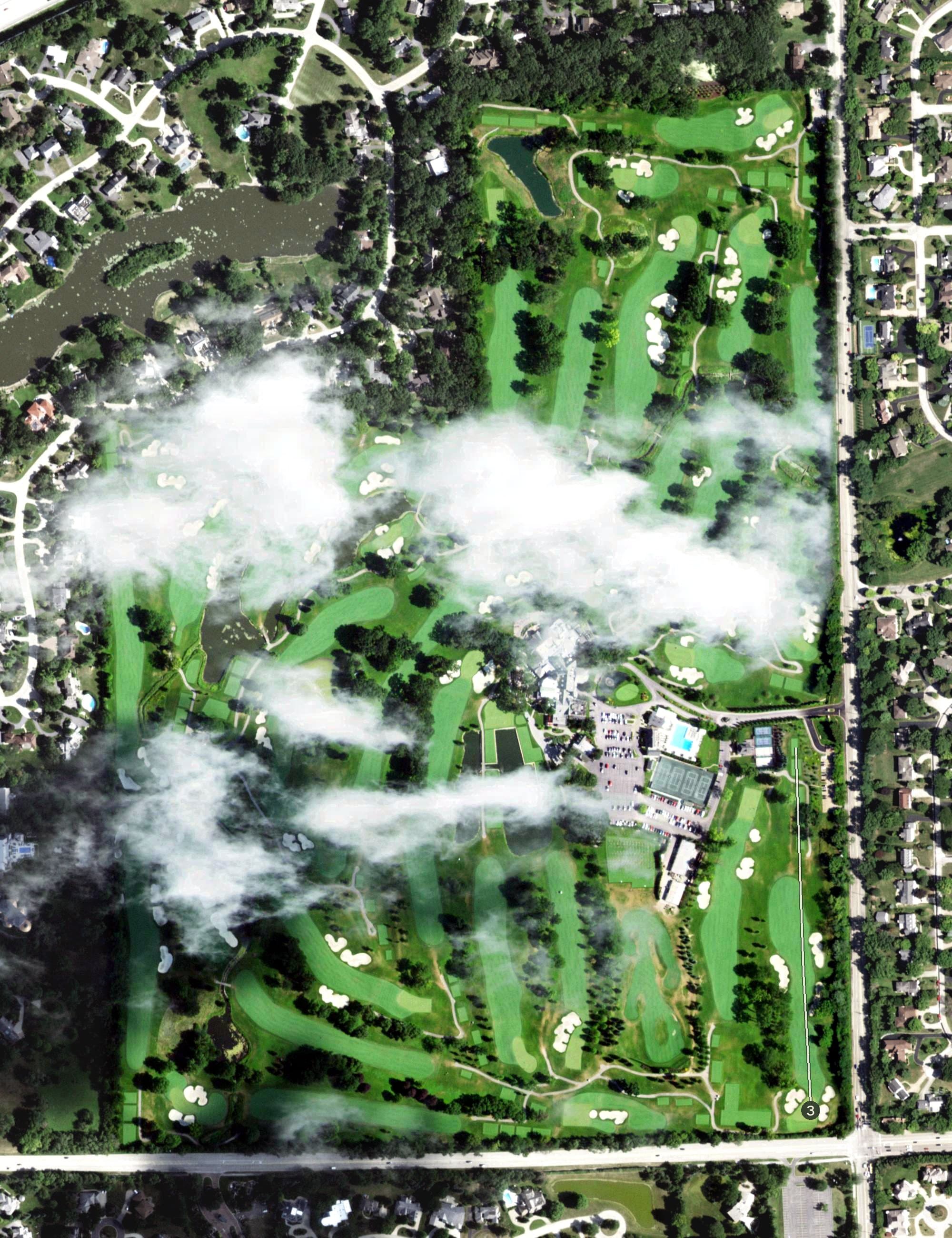 Aerial view of Butterfield Country Club, IL, with its hole routing marked