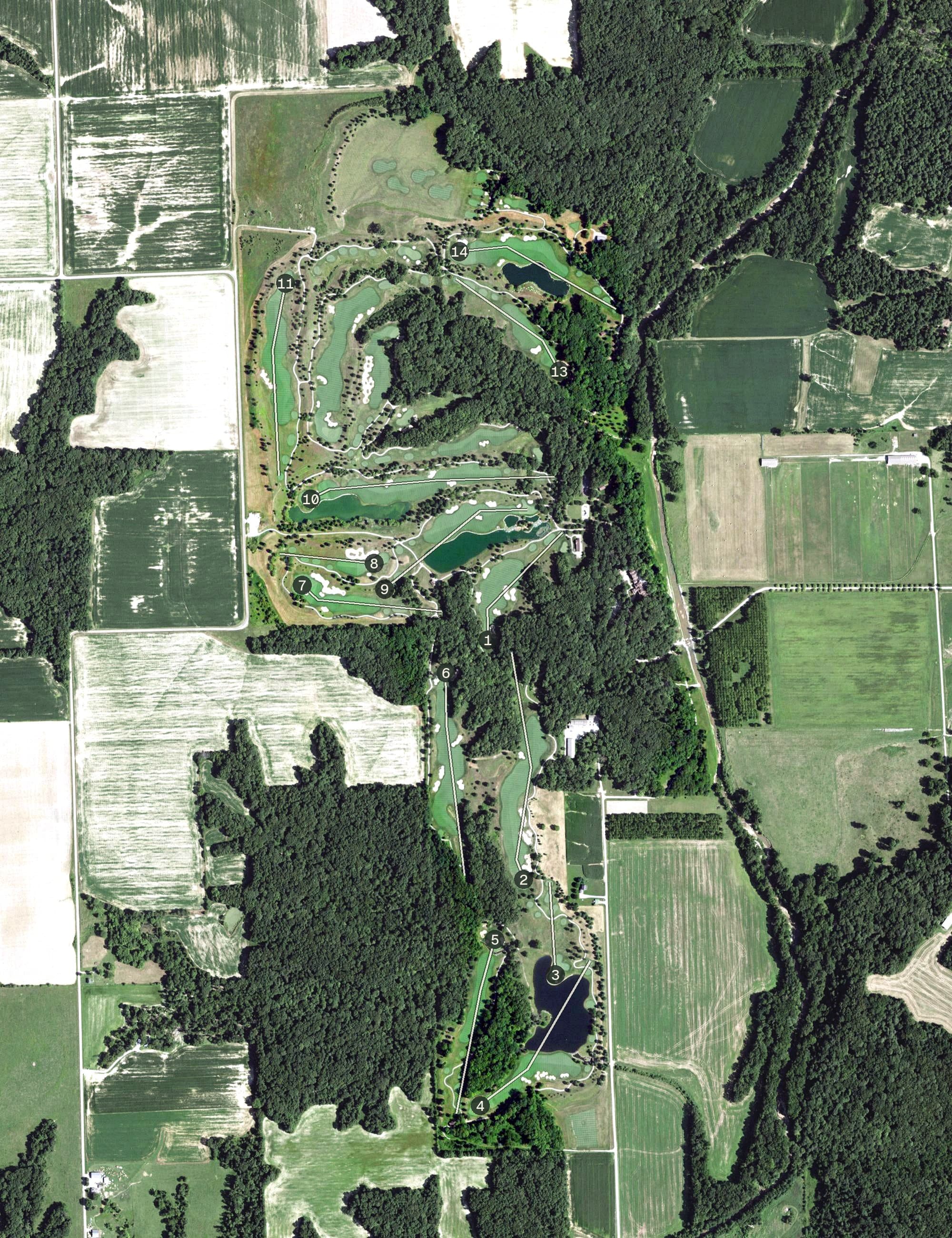 Aerial view of Canyata Golf Club, IL, with its hole routing marked