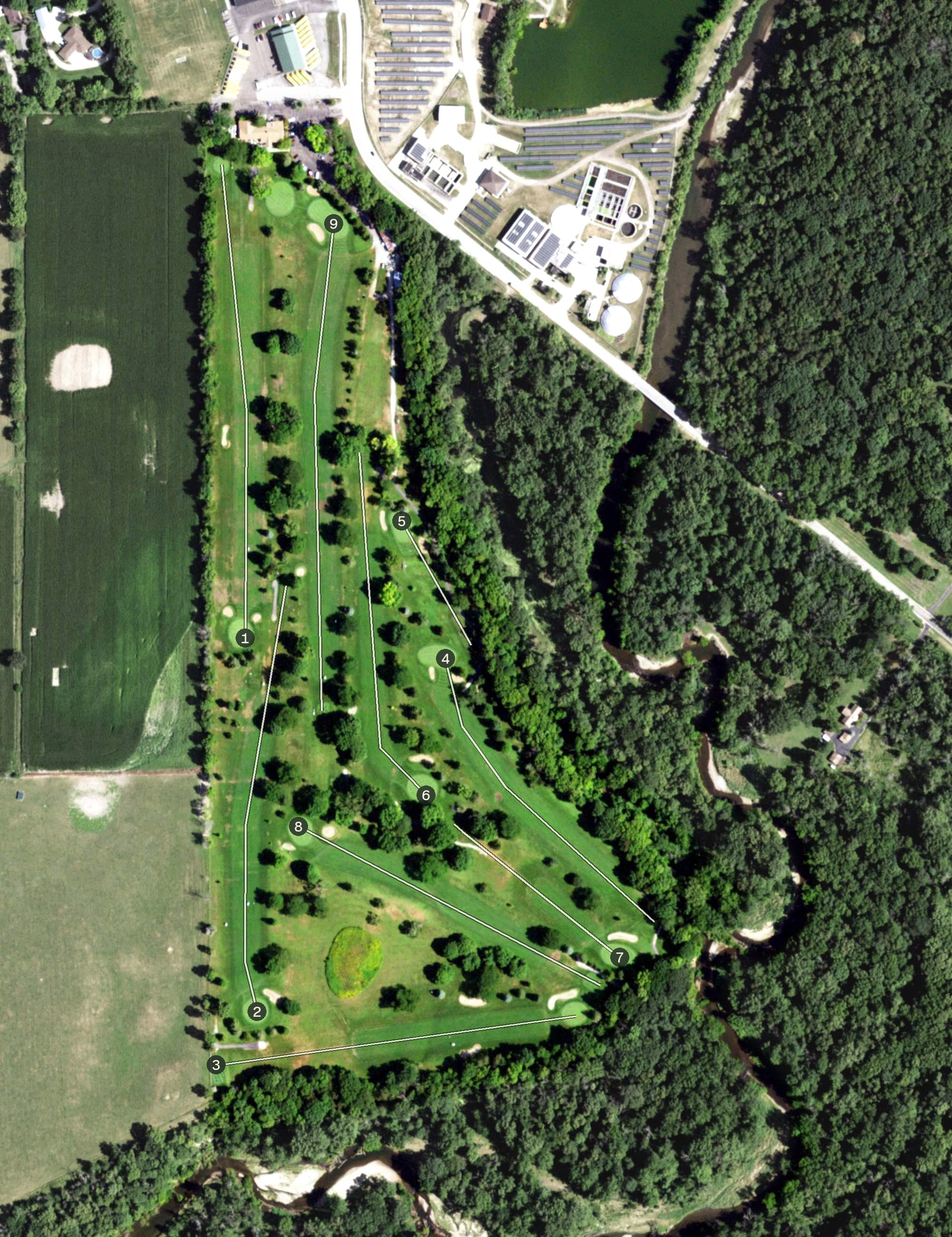 Aerial view of Cedardell Golf Club, IL, with its hole routing marked