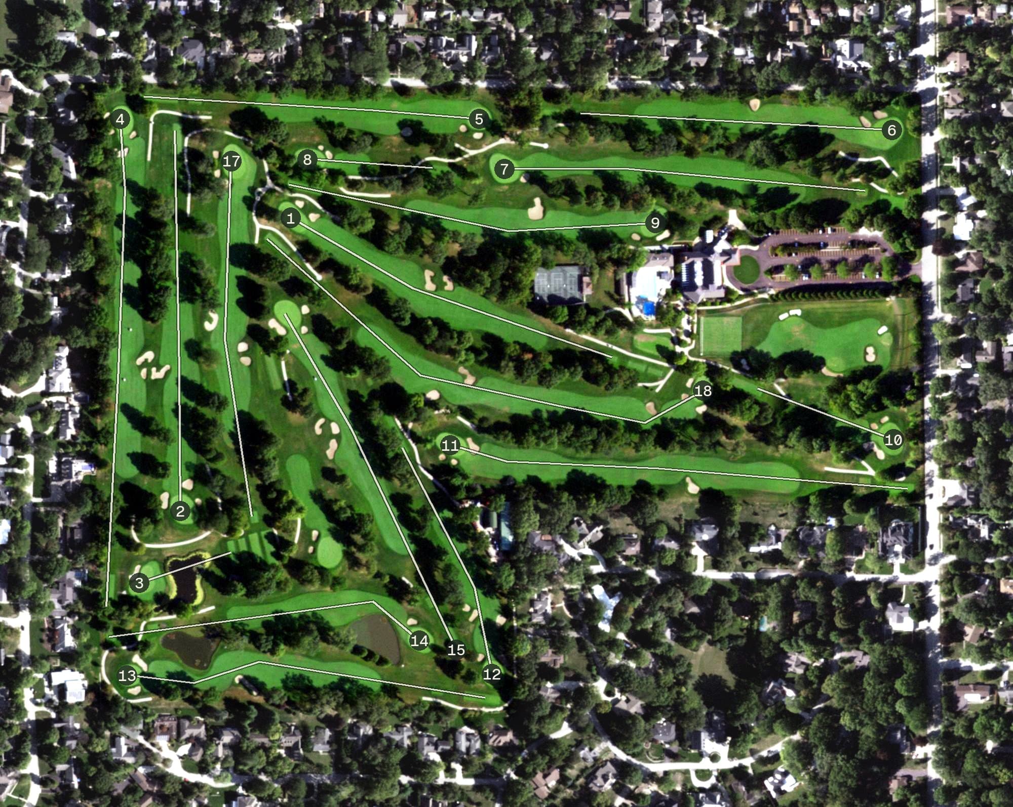 Aerial view of Champaign Country Club, IL, with its hole routing marked