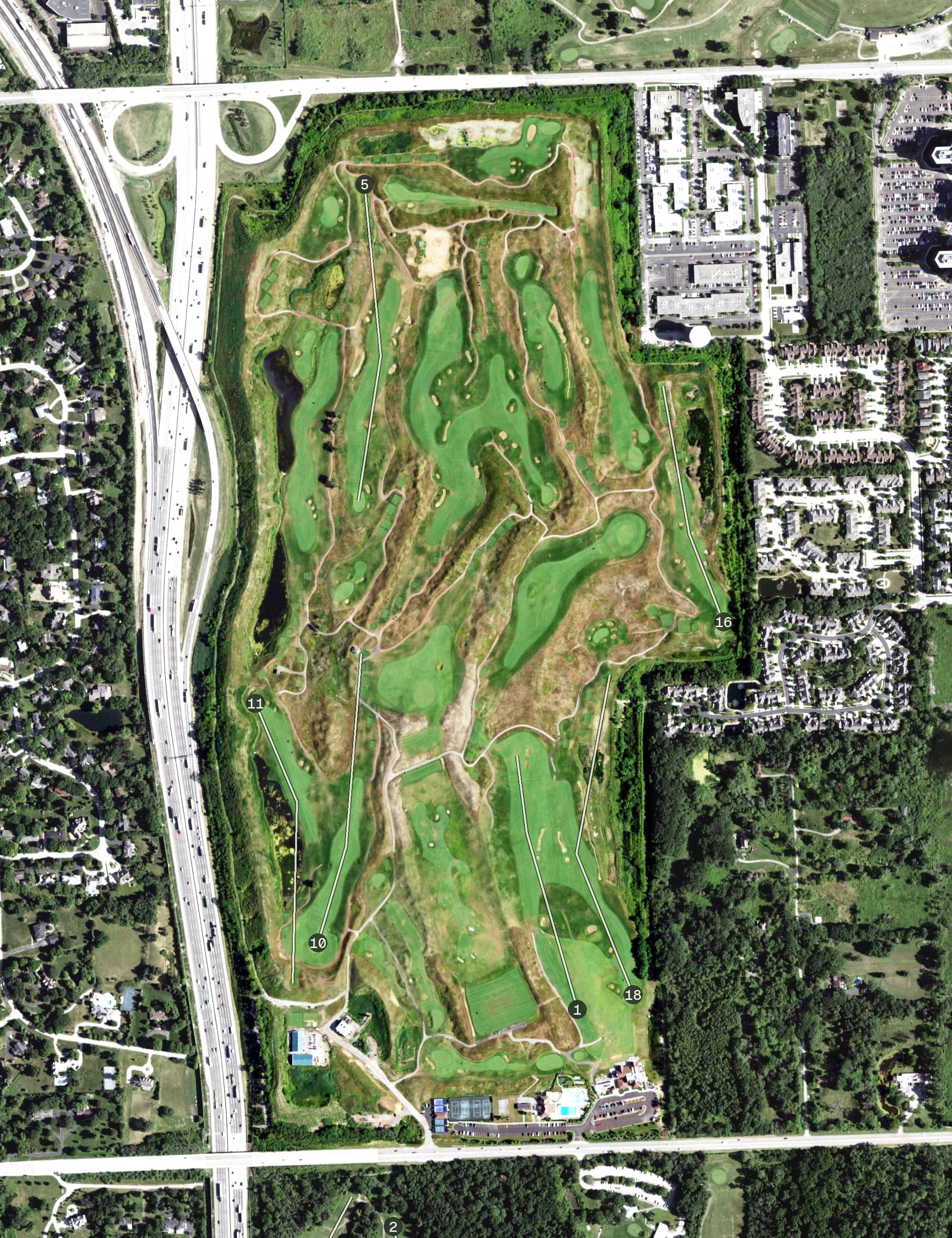 Aerial view of Chicago Highlands Club, IL, with its hole routing marked