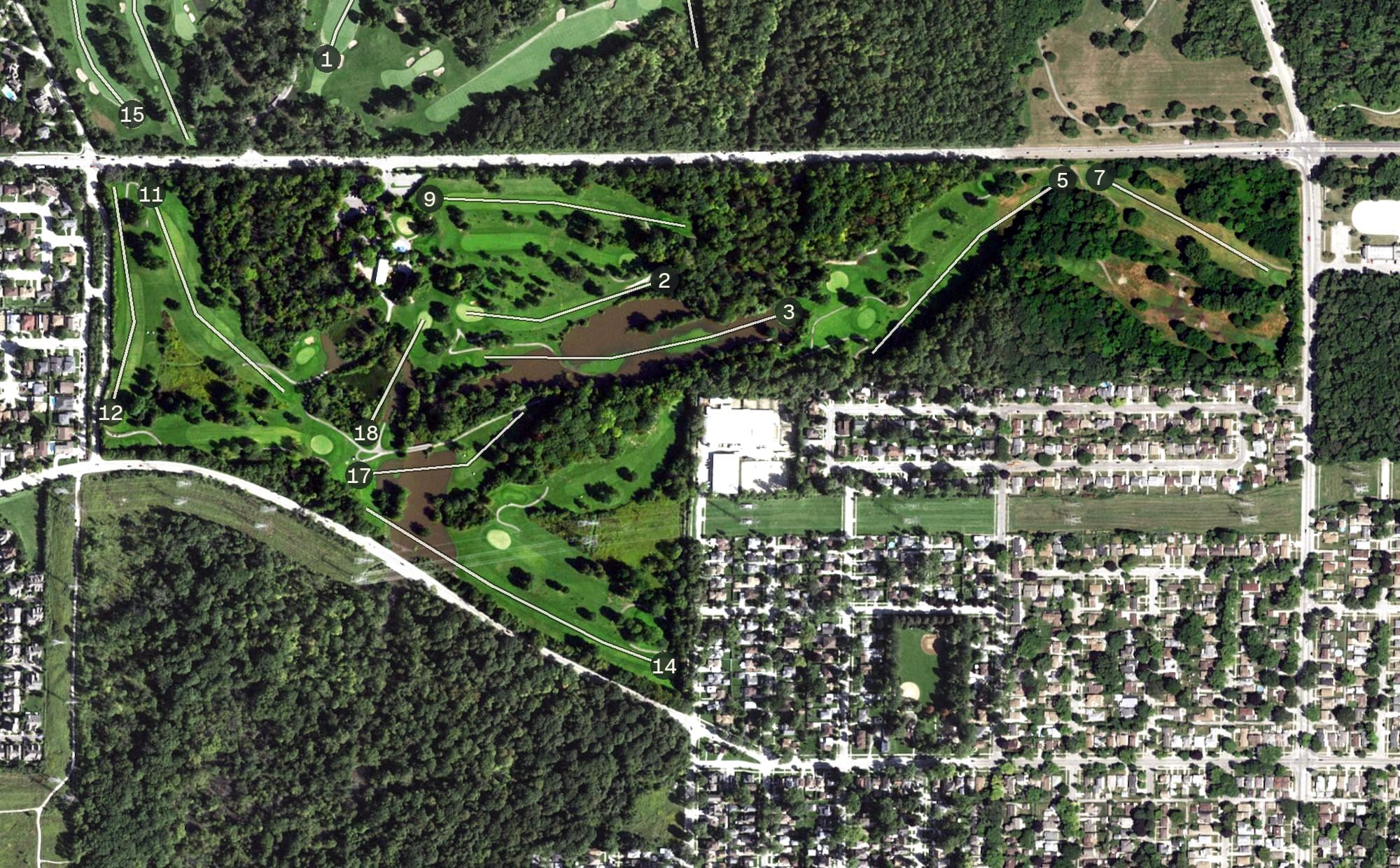 Aerial view of Chick Evans Golf Course, IL, with its hole routing marked