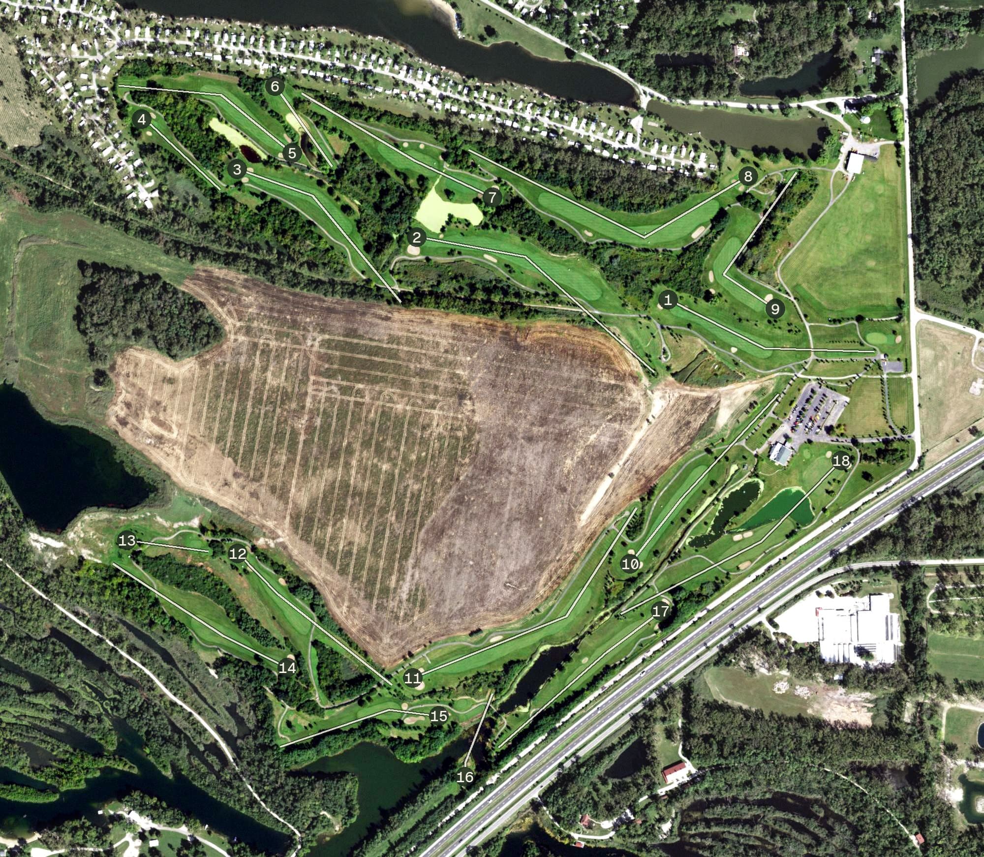 Aerial view of Cinder Ridge Golf Course, IL, with its hole routing marked