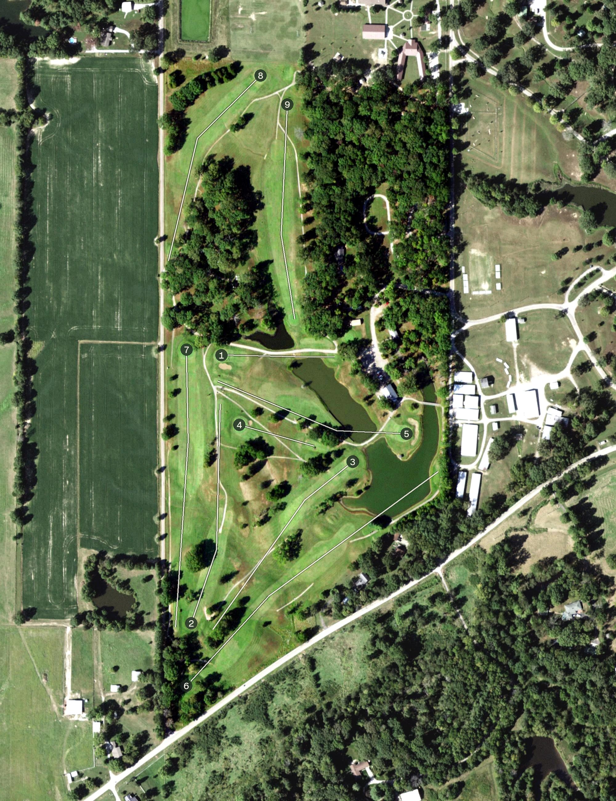 Aerial view of Clay County Country Club, IL, with its hole routing marked