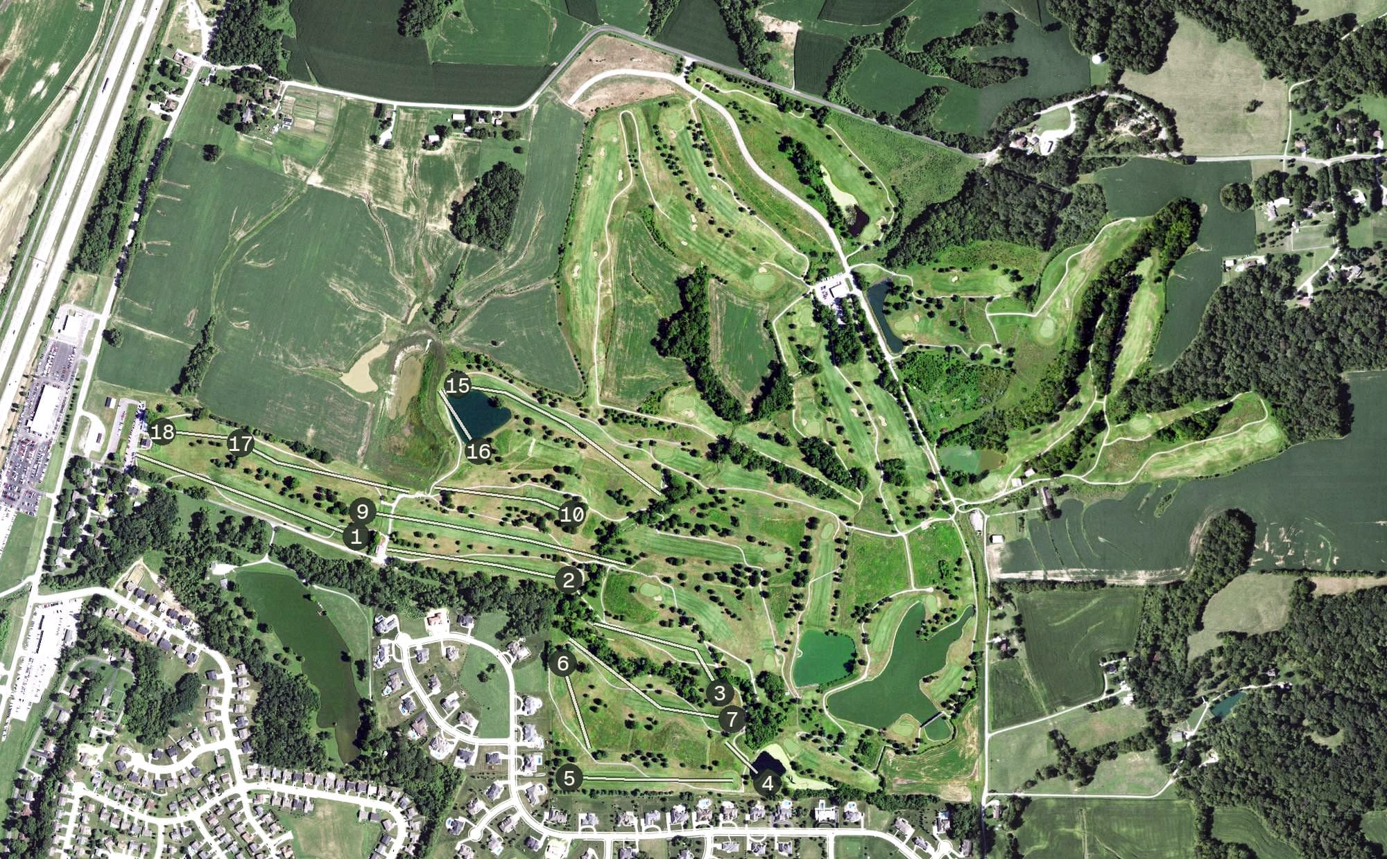 Aerial view of Columbia Golf Club, IL, with its hole routing marked