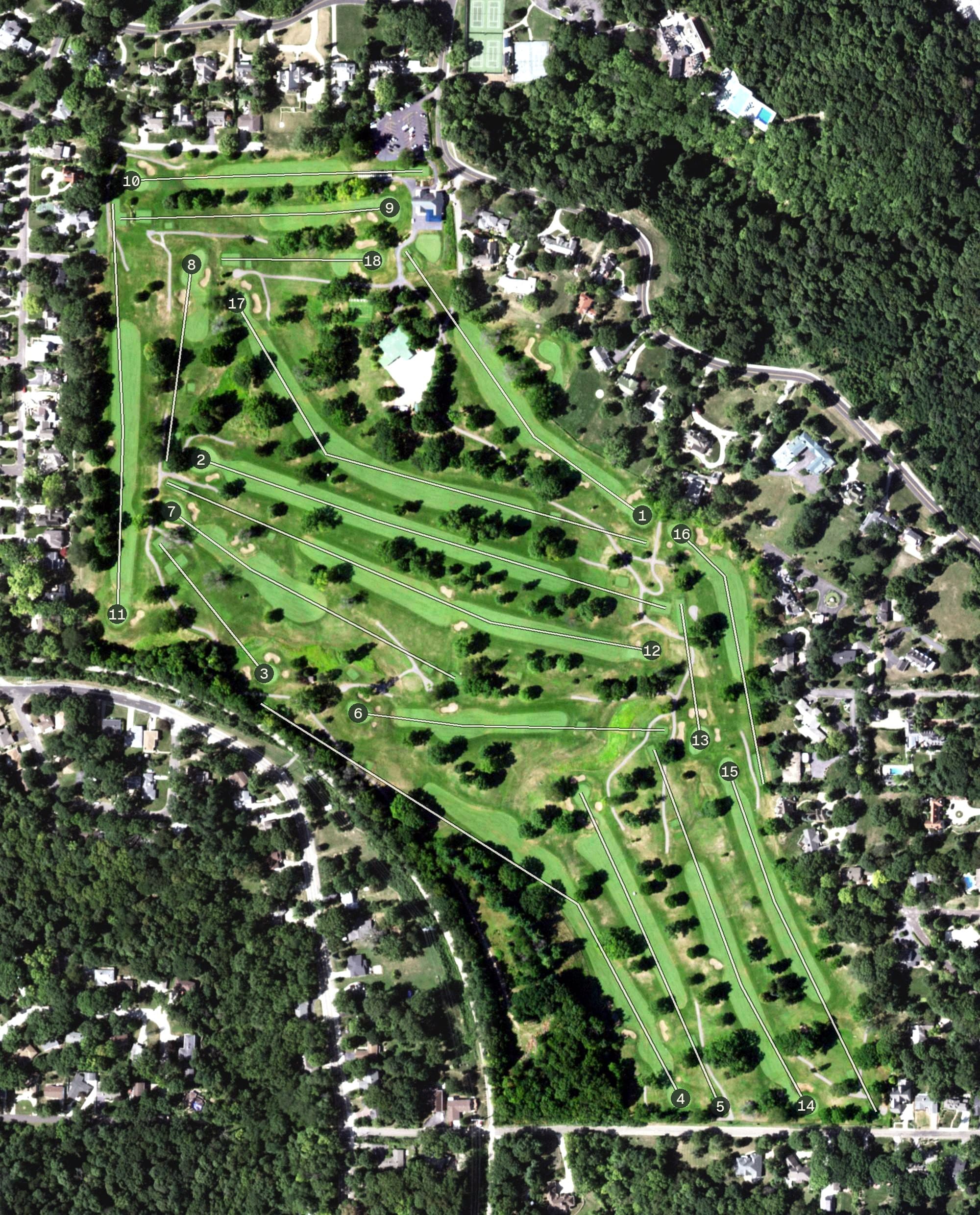 Aerial view of Country Club of Peoria Golf Course, IL, with its hole routing marked