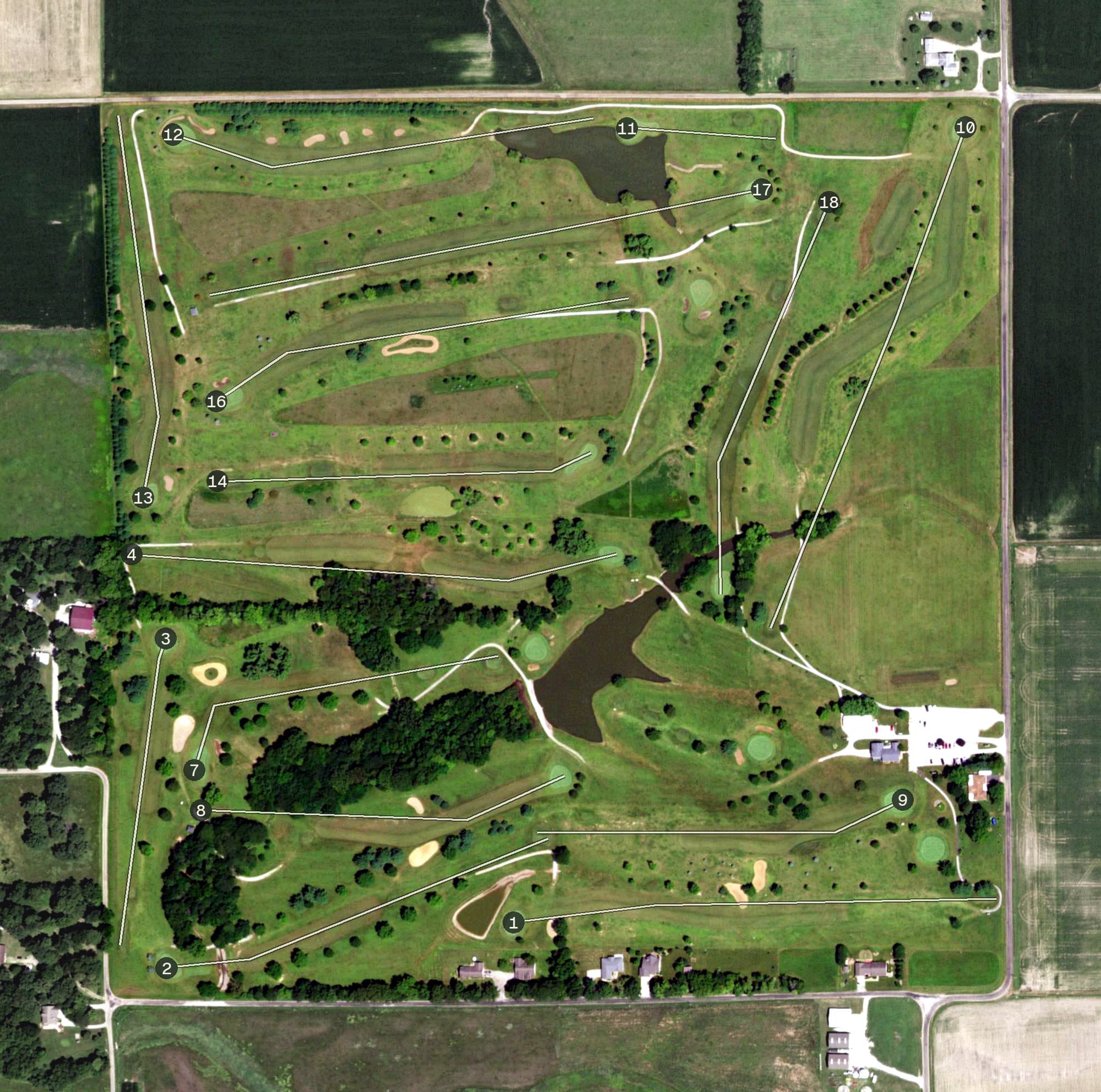 Aerial view of Country Hills Golf Course, IL, with its hole routing marked