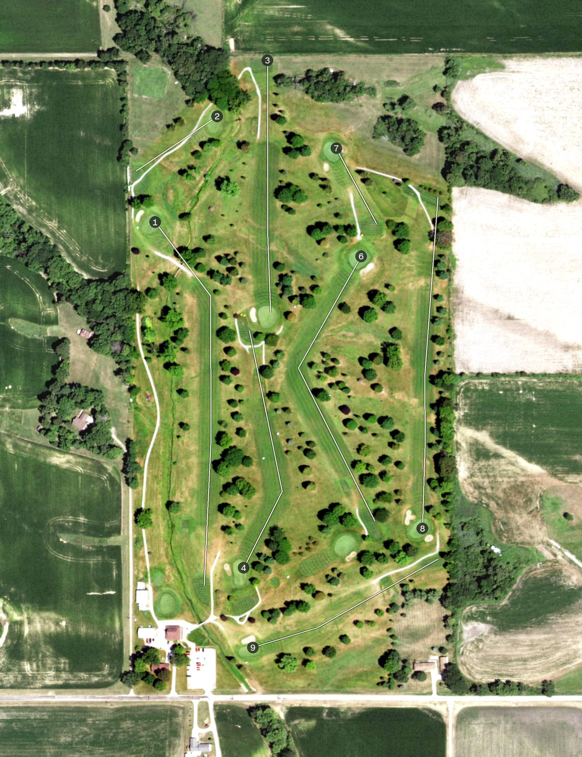 Aerial view of Country View Golf Course, IL, with its hole routing marked