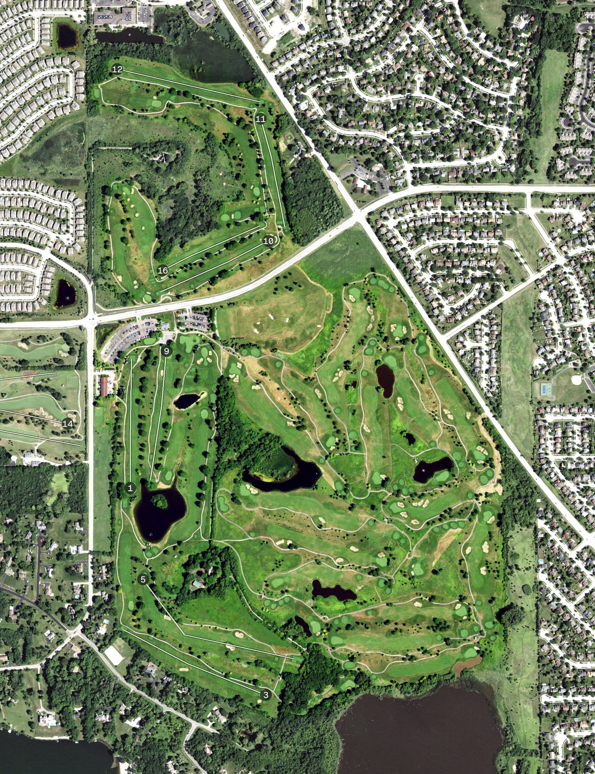 Aerial view of Countryside Golf Club, IL, with its hole routing marked