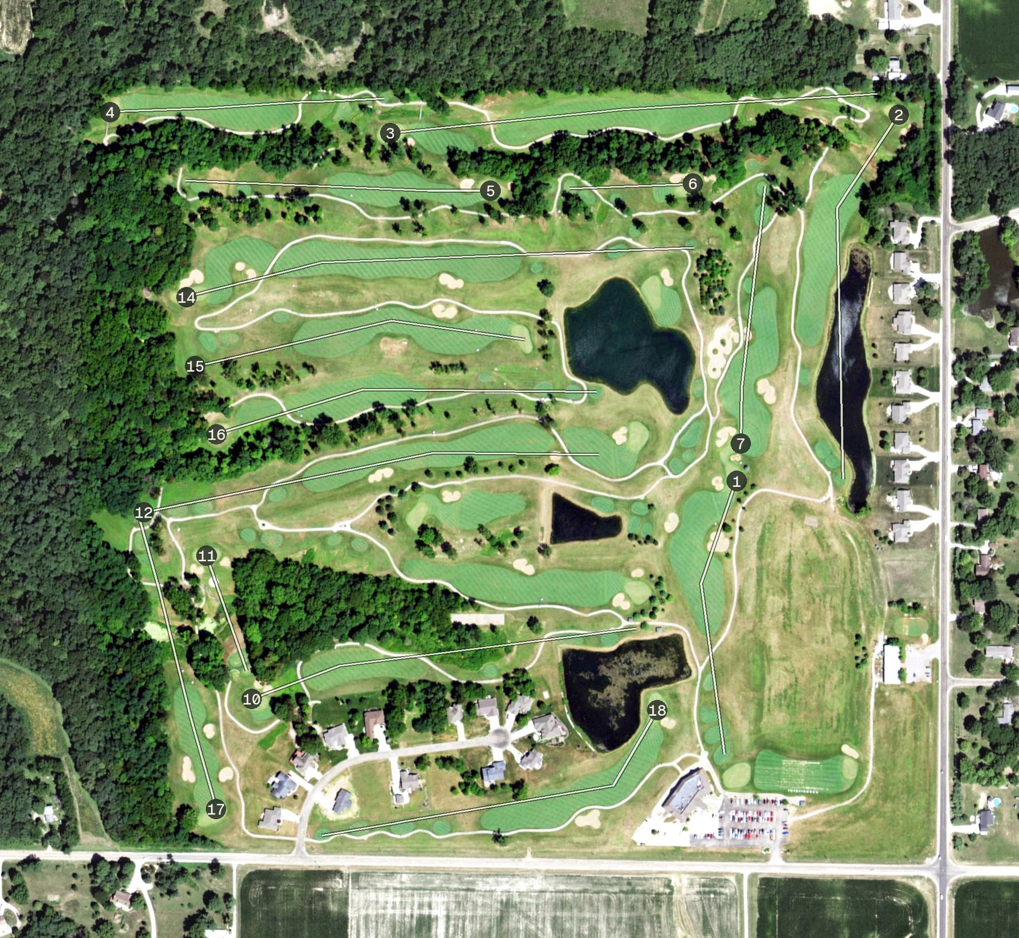 Aerial view of Coyote Creek Golf Course, IL, with its hole routing marked