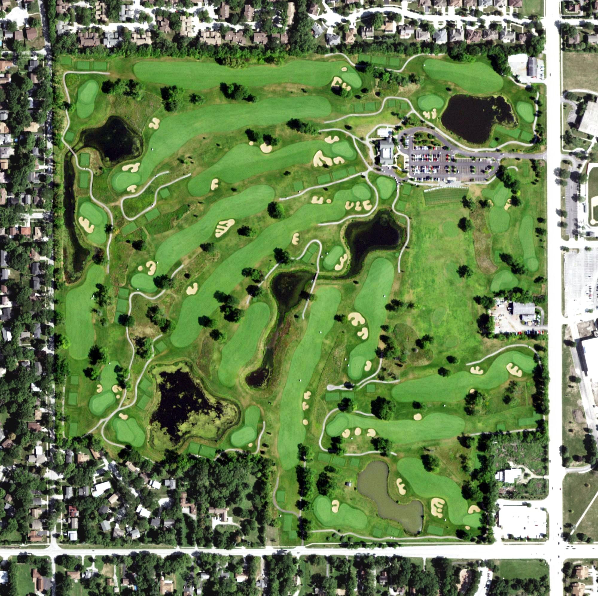 Aerial view of Coyote Run Golf Course, IL, with its hole routing marked