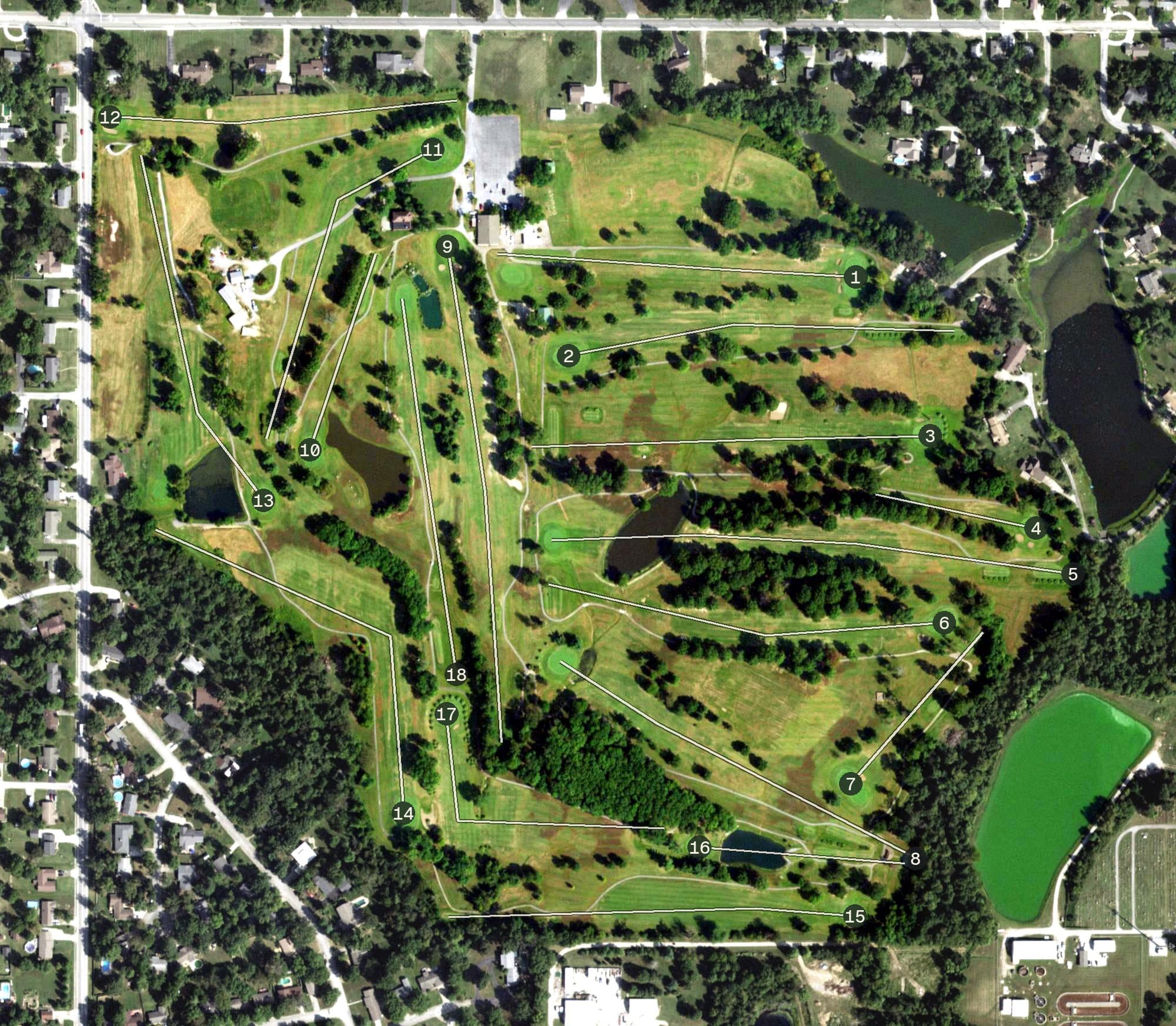 Aerial view of Crab Orchard Golf Club, IL, with its hole routing marked