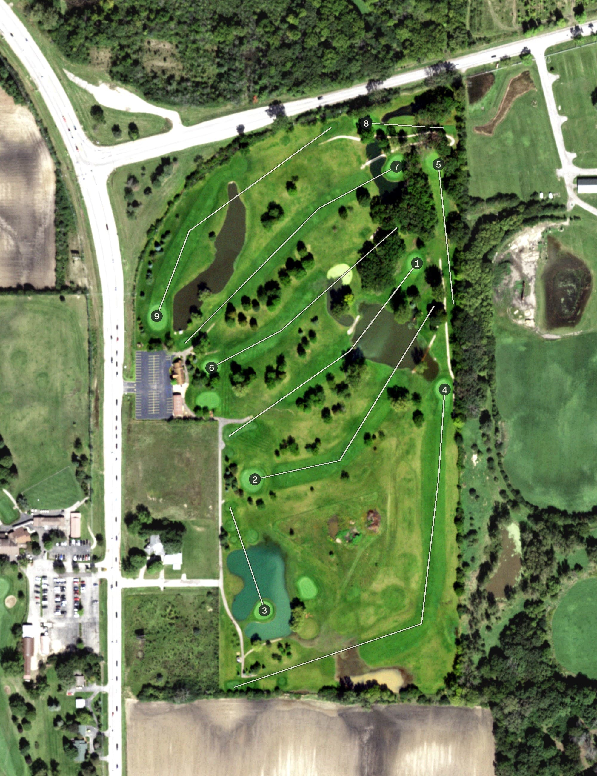Aerial view of Craig Woods Golf Club, IL, with its hole routing marked