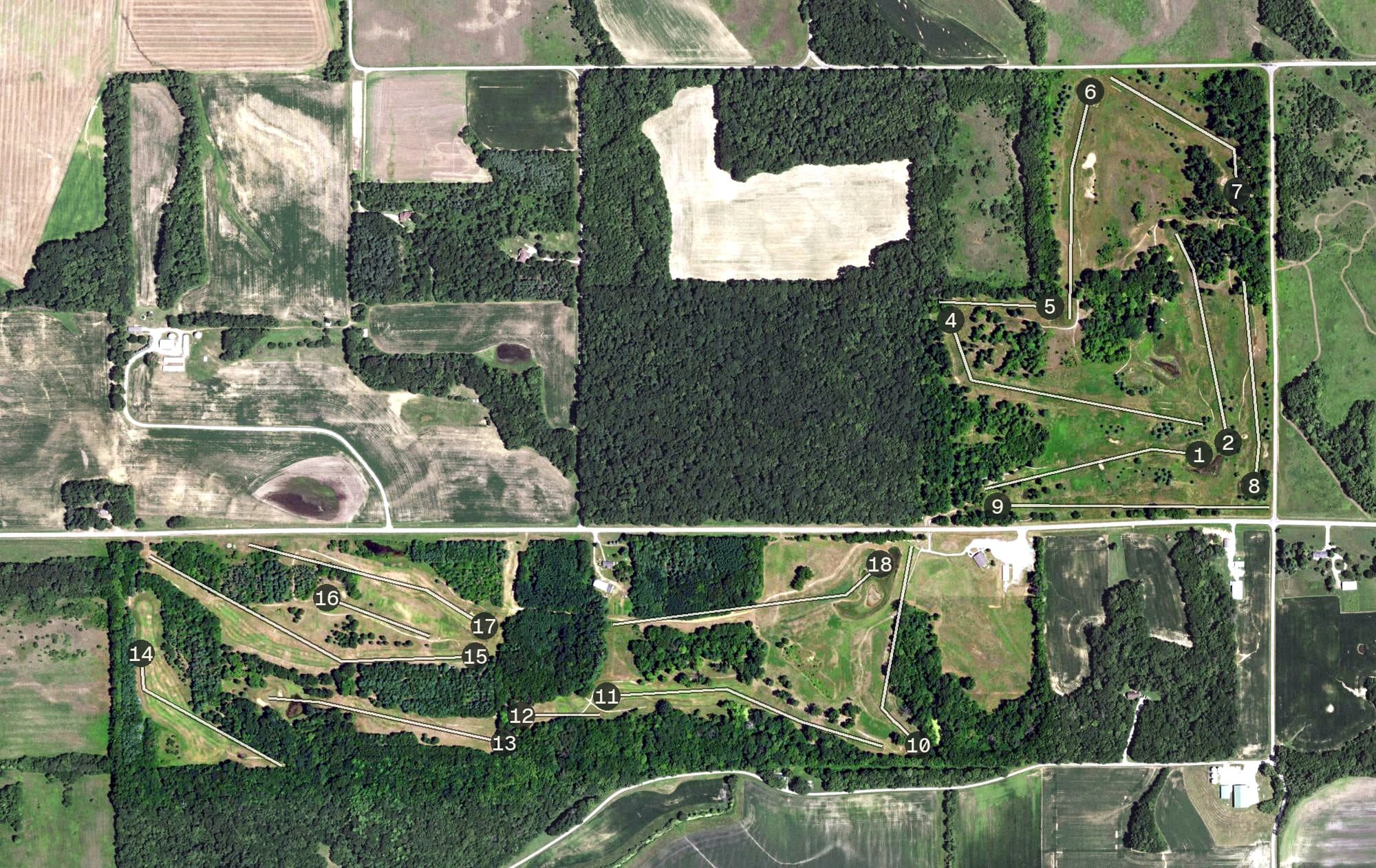 Aerial view of Crane Creek Golf Course, IL, with its hole routing marked