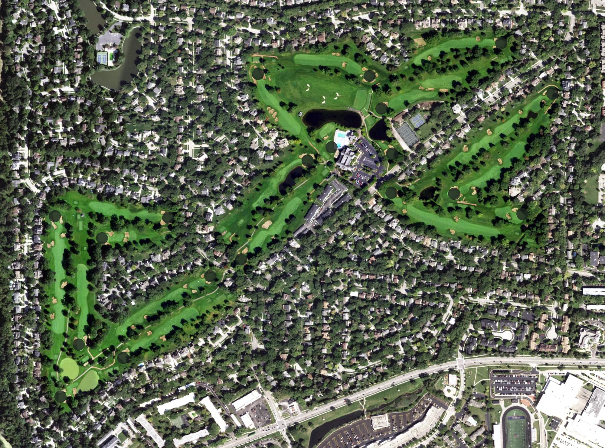 Aerial view of Cress Creek Country Club, IL, with its hole routing marked