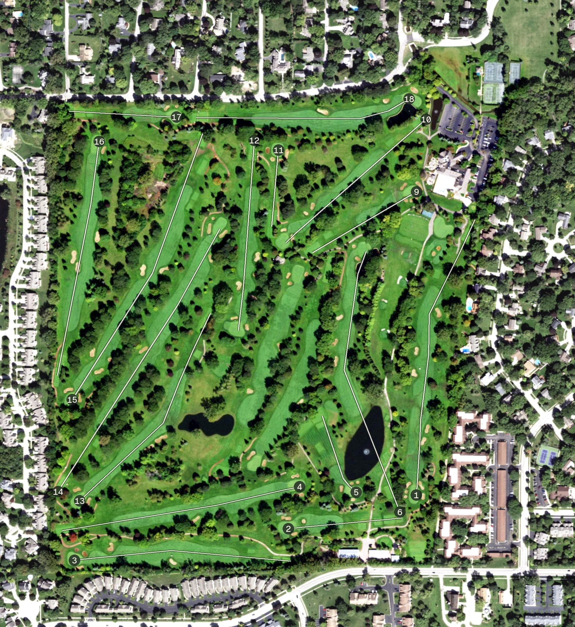 Aerial view of Crystal Lake Country Club, IL, with its hole routing marked