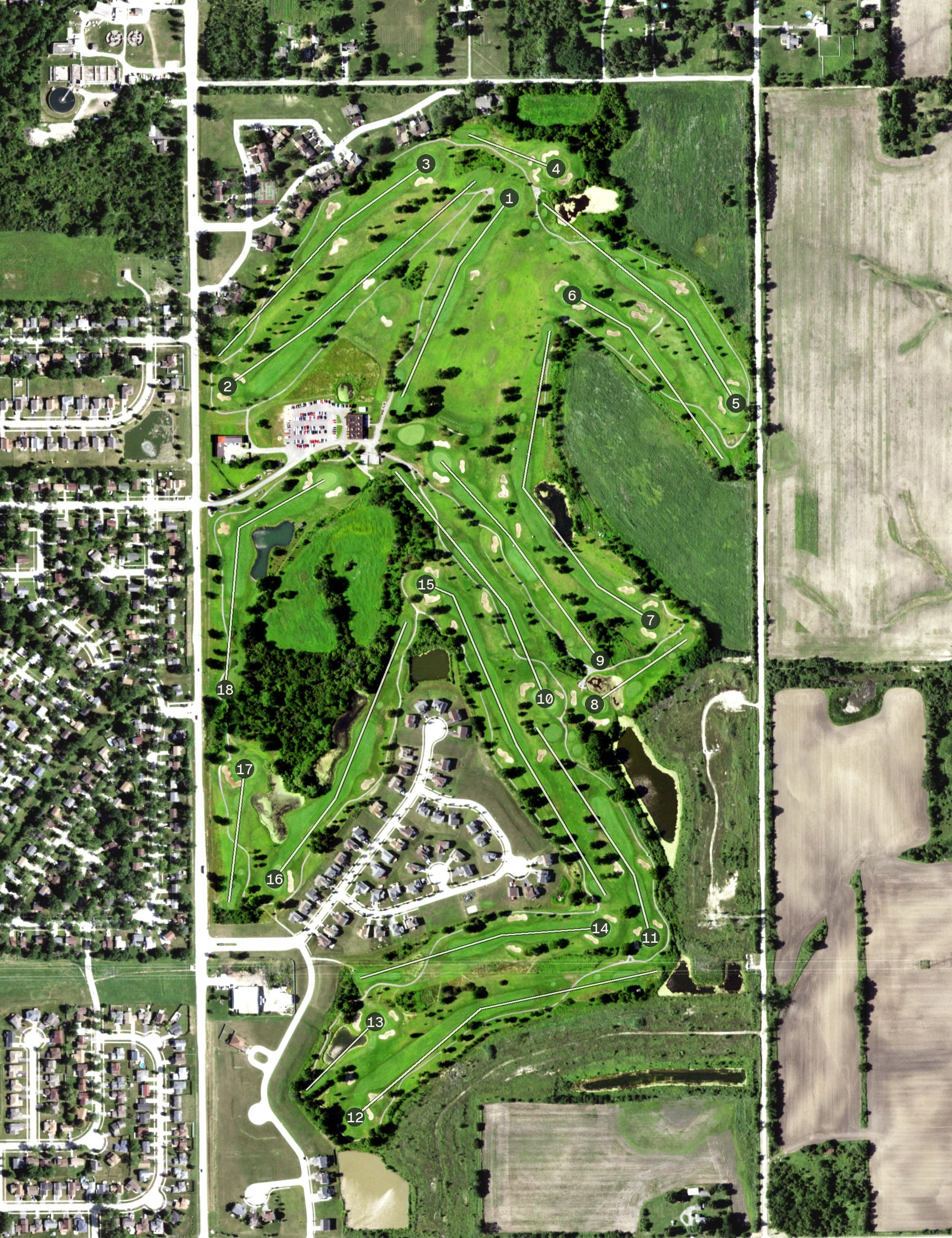 Aerial view of Deer Creek Golf Course, IL, with its hole routing marked