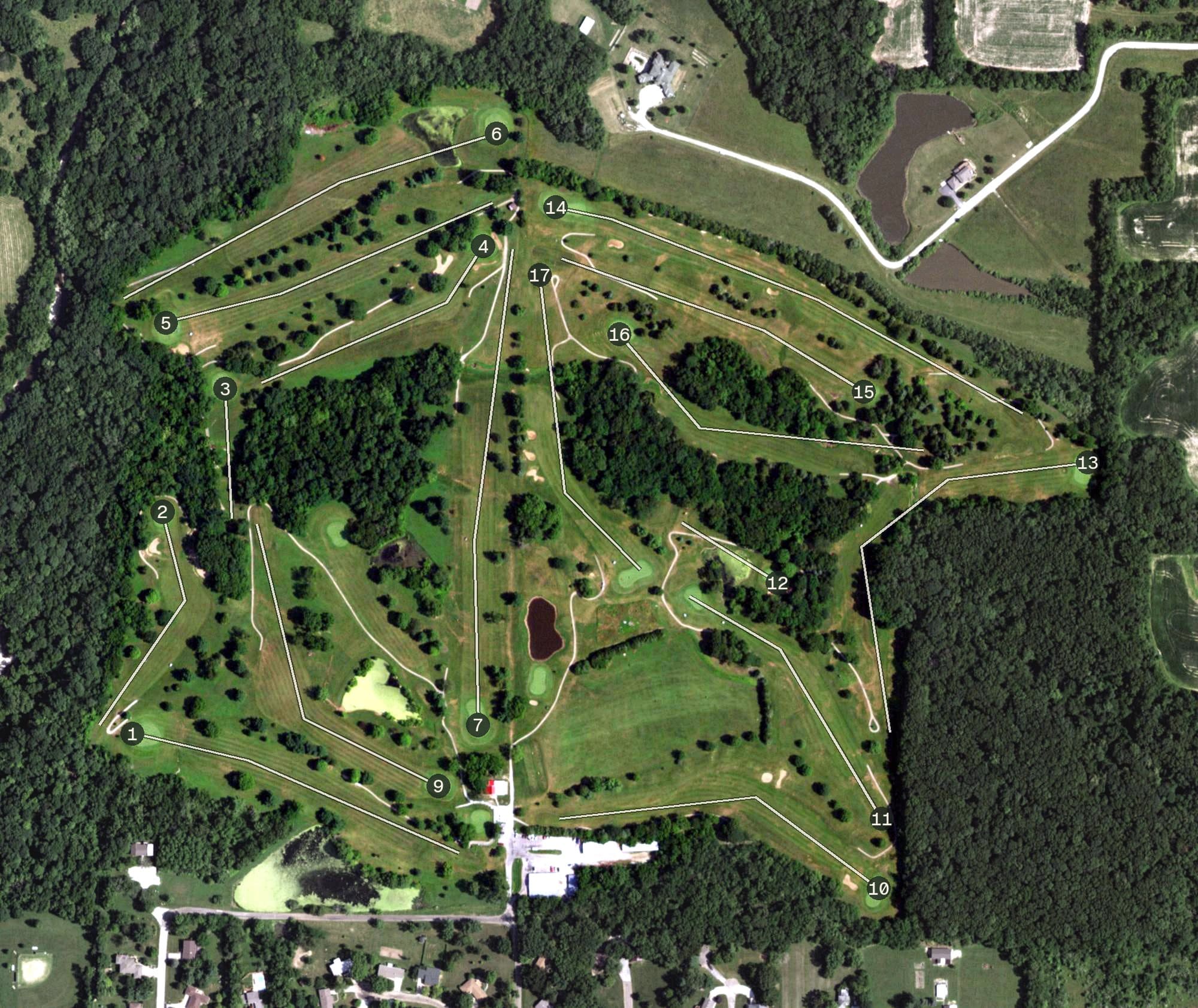 Aerial view of Deer Run Golf Course, IL, with its hole routing marked