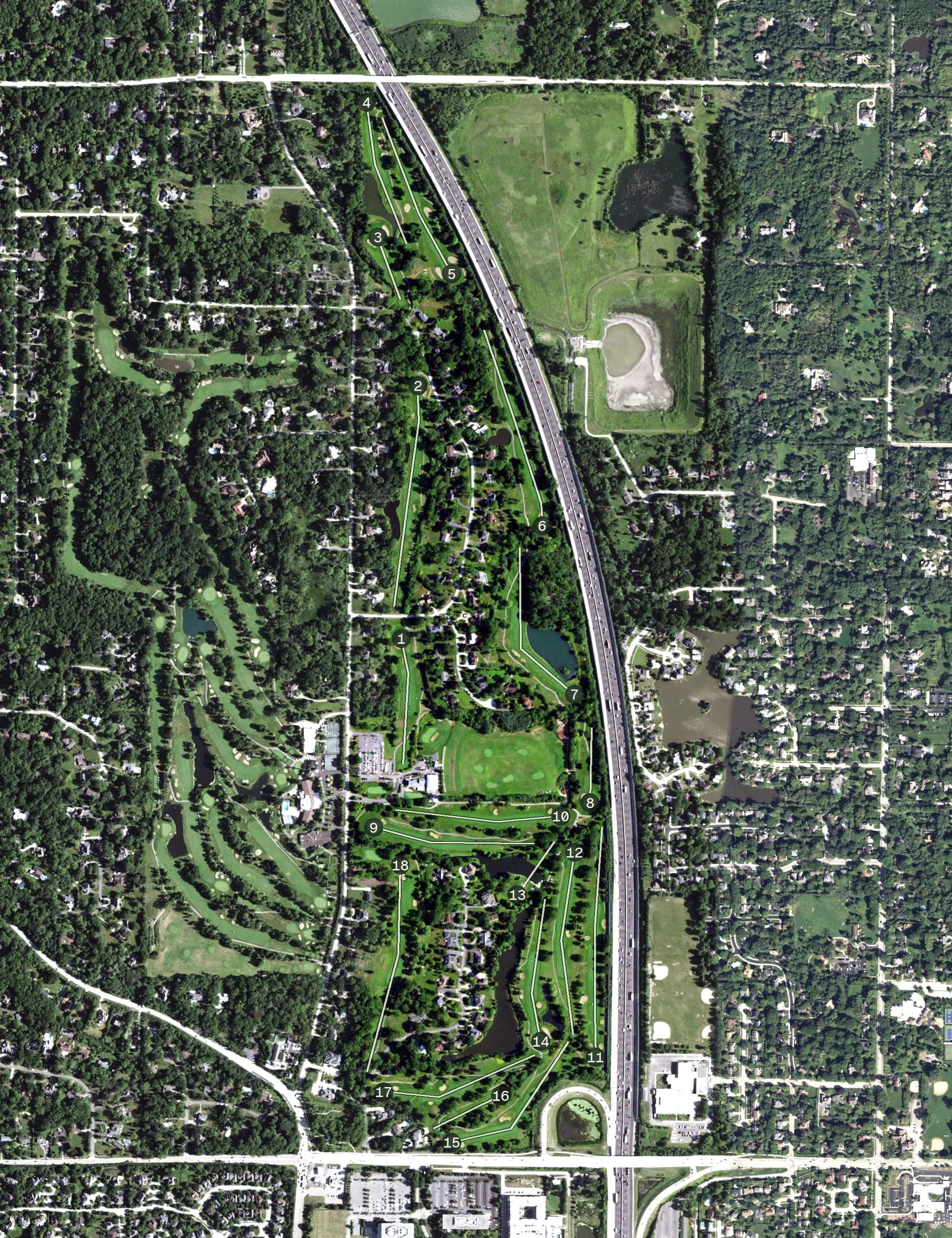 Aerial view of Deerfield Golf Club and Learning Center, IL, with its hole routing marked