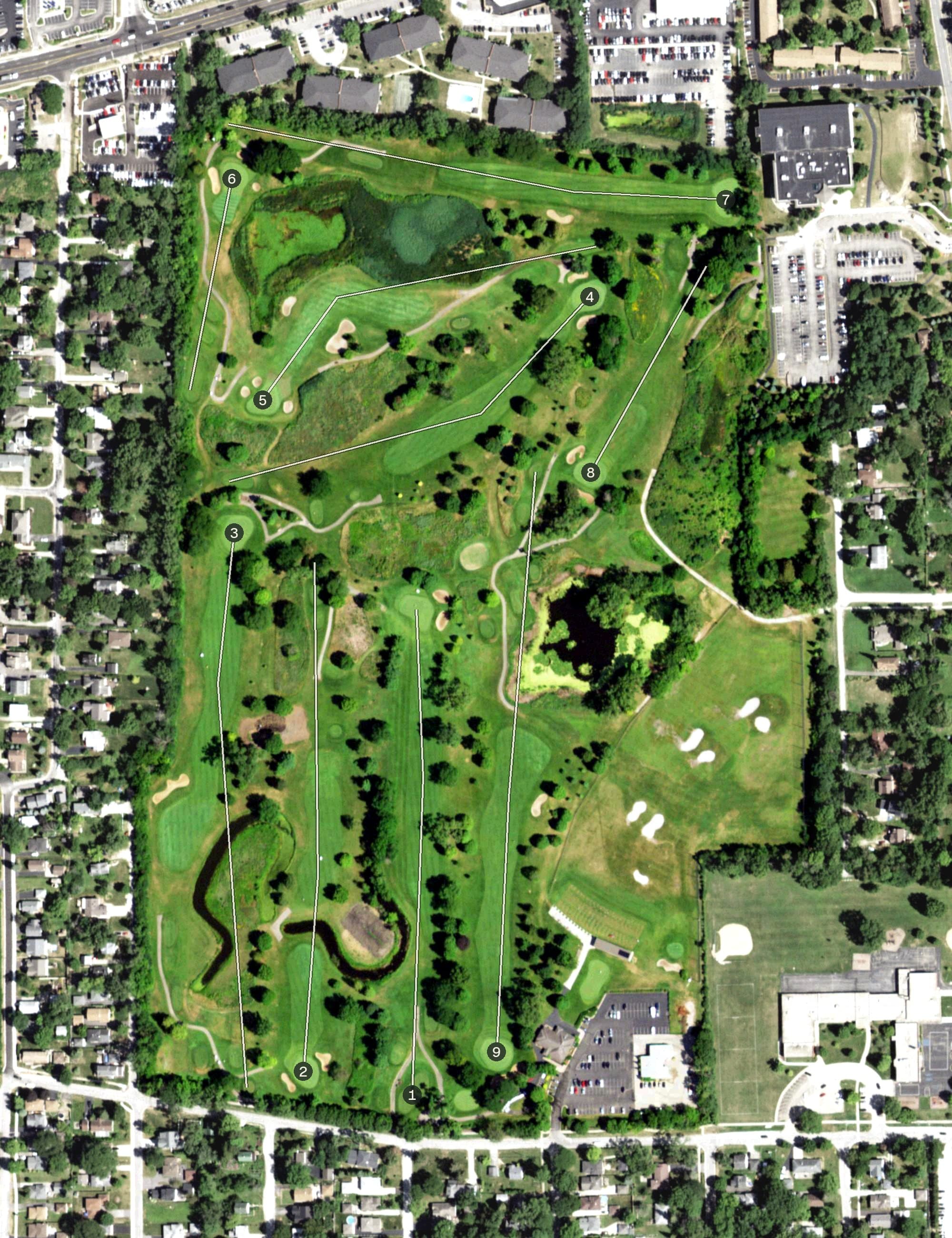 Aerial view of Downers Grove Golf Club, IL, with its hole routing marked