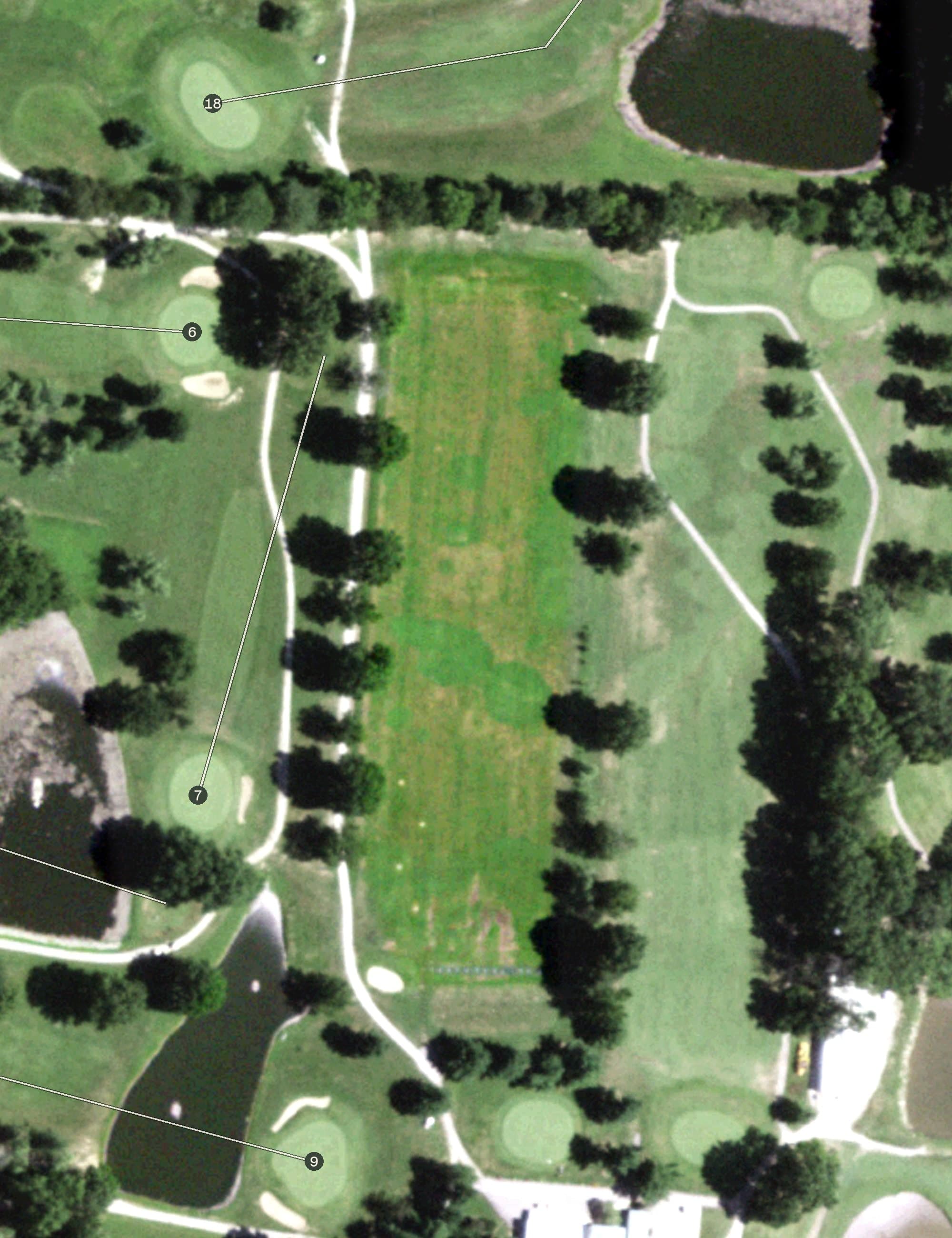 Aerial view of driving range, IL, with its hole routing marked