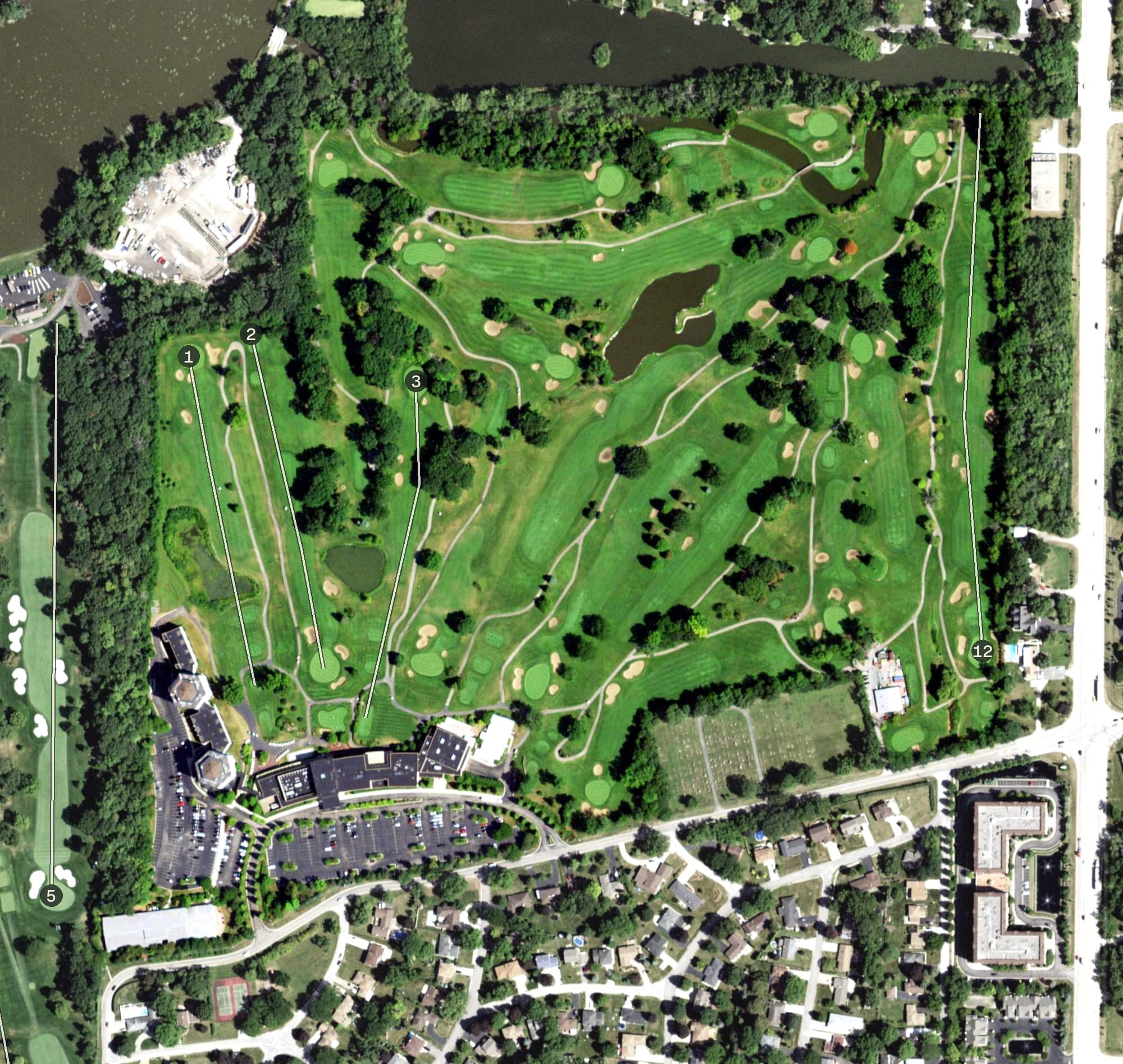 Aerial view of Eaglewood Resort and Spa, IL, with its hole routing marked