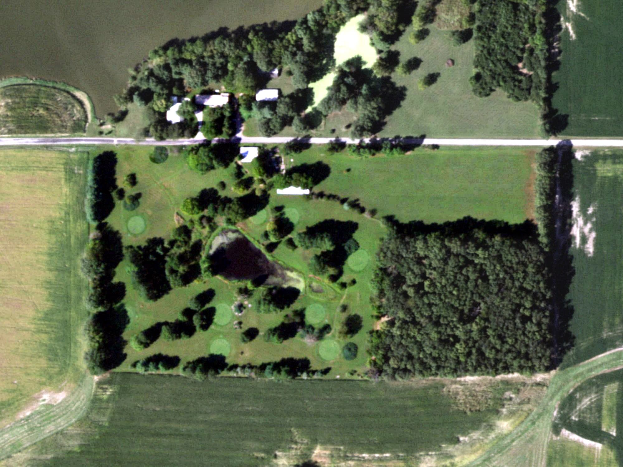 Aerial view of East Fork Par-3 Golf Course, IL, with its hole routing marked