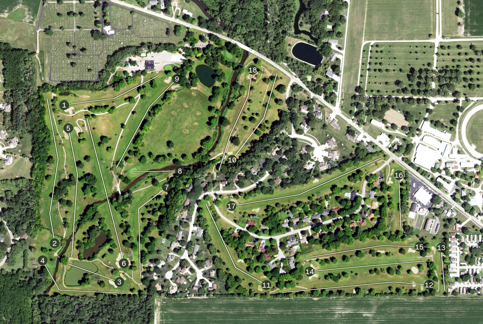 Aerial view of Edgebrook Country Club, IL, with its hole routing marked