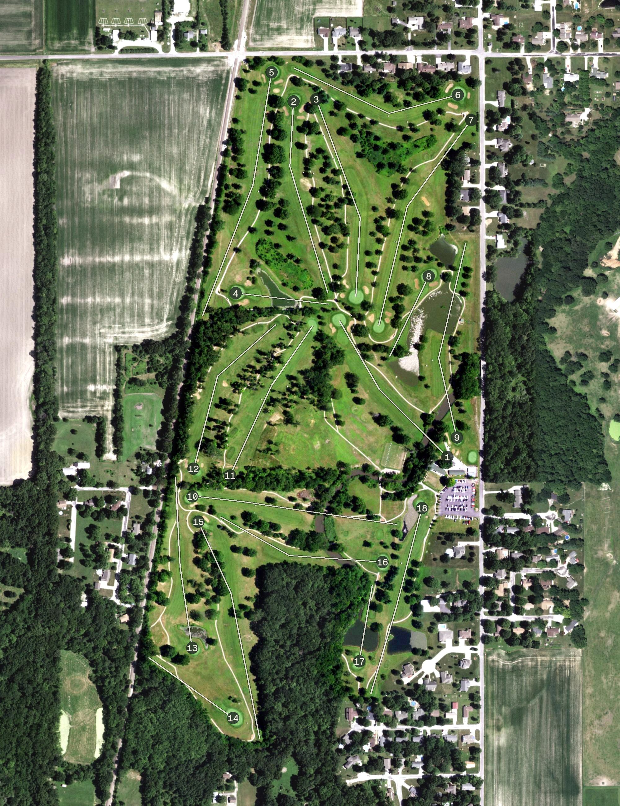 Aerial view of Edgewood Golf Club, IL, with its hole routing marked